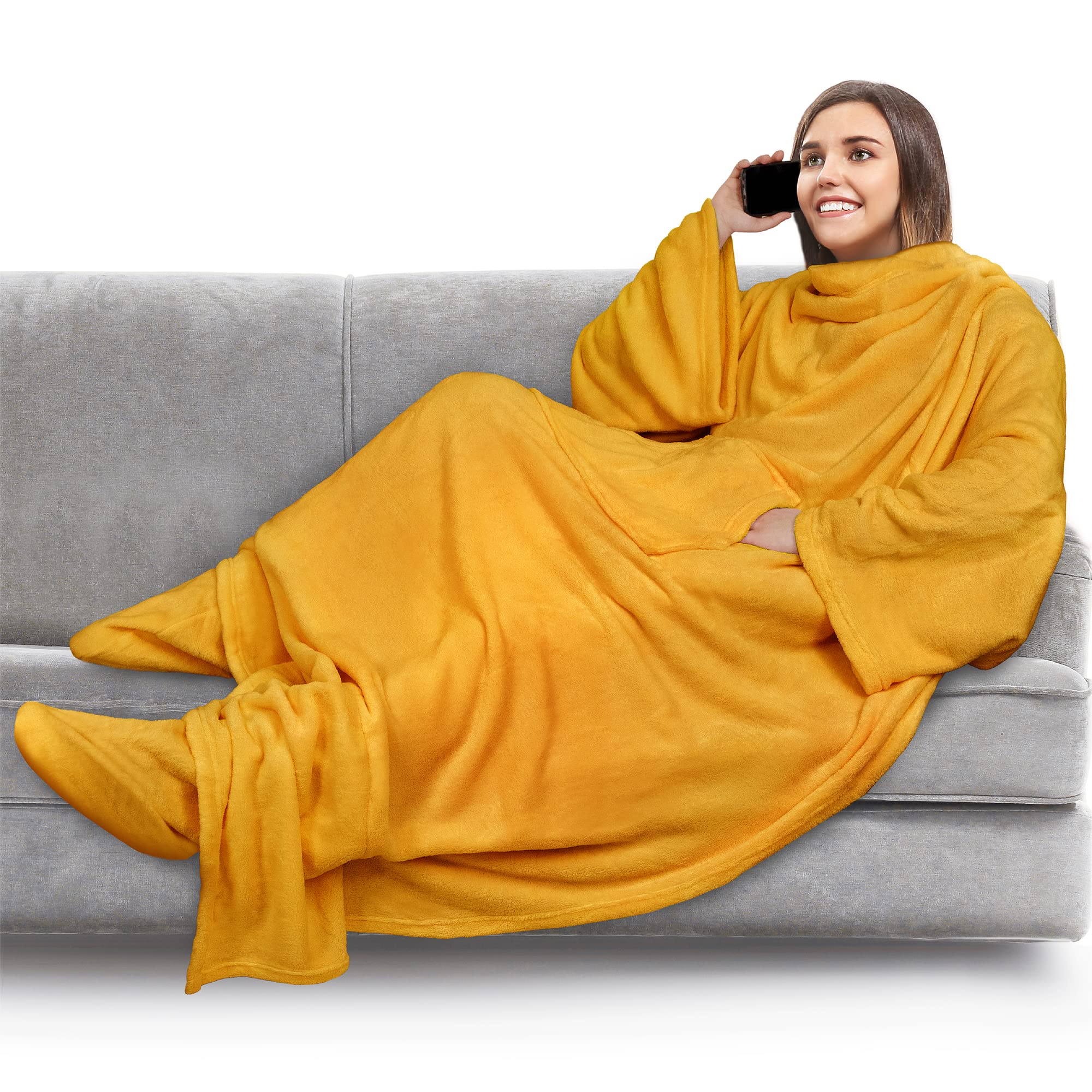PAVILIA Fleece Blanket with Sleeves & Foot Pockets - Wearable Blanket for Women & Men, Soft Plush Throw Wrap, Warm Snuggle Robe Blanket - Perfect Cozy Gift for Wife, Mom, Adults (Mustard Yellow) - Great for Reading, Watching TV & Relaxing at Home