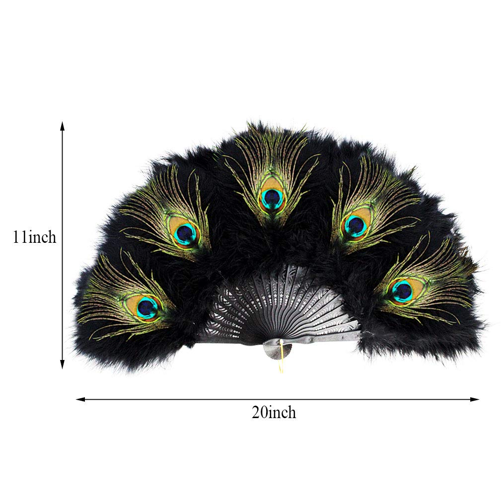 Vintage Style Marabou Feather Hand Fan - Peacock Folding Handheld Fan for Dancing, Party, Flapper, Wedding, Burlesque, Costume Accessory (Black) | Elegant Dance Prop & Retro Fashion Statement
