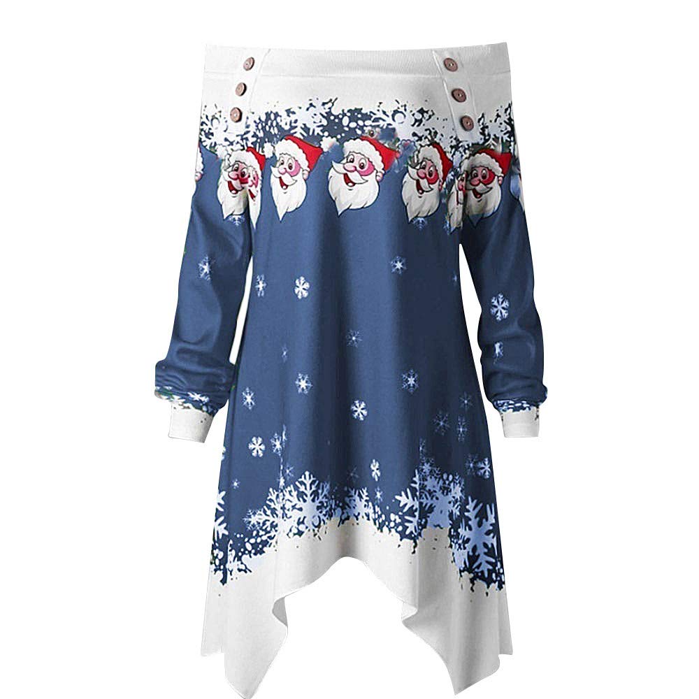 Women's Funny Santa Claus Button Long Sleeve Off Shoulder Blouse Tops - Christmas Pullover Sweatshirt for Holiday Parties & Cozy Winter Nights