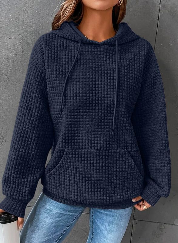 SHEWIN Women's Casual Long Sleeve Waffle Pullover Hoodie - Loose Fit Drawstring Hooded Sweatshirt with Pocket | Cozy Fall Outfits, Lounge Wear & Street Style Fashion