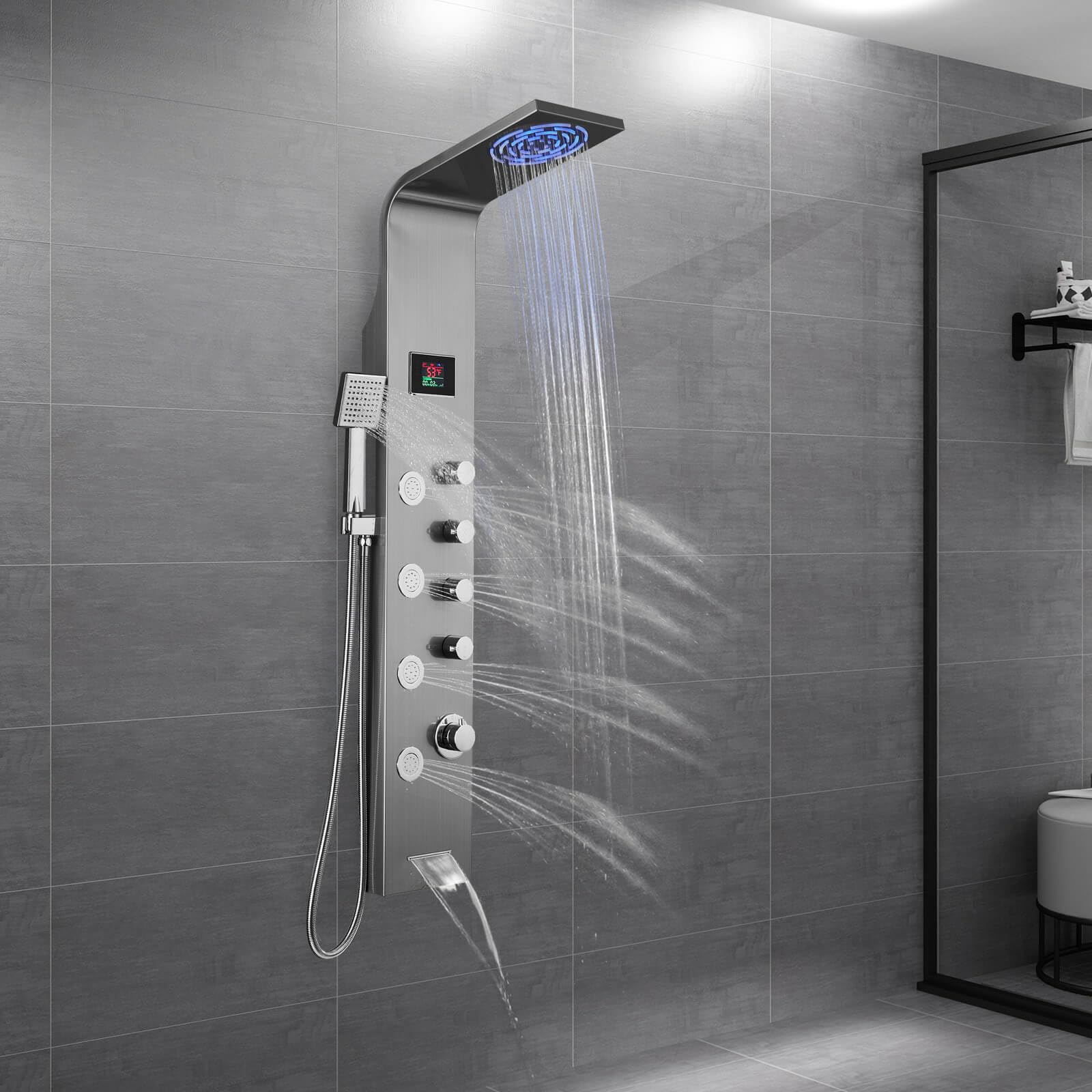 ROVOGO Stainless Steel Shower Panel Tower with Rainfall Showerhead, 6 Body Jets, Handheld Spray & Tub Spout - LED Temperature Display, No Battery Needed - 304 Brushed Stainless Steel Unibody Design for Luxurious Spa Experience at Home