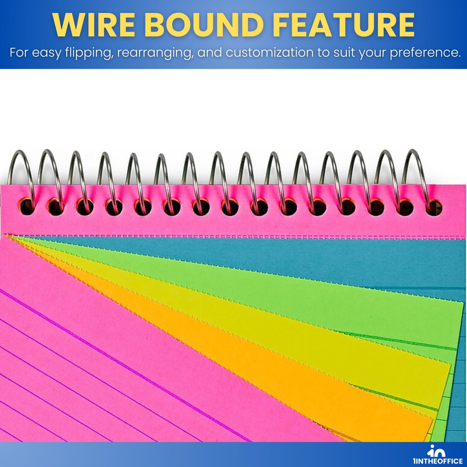 1InTheOffice Spiral Index Cards 3x5 Inches, Ruled Neon Note Cards Spiral Bound - 50 Cards/Pack, 2 Packs for School, Office & Study Organization | Colorful Flash Cards for Notes, Memos & Learning