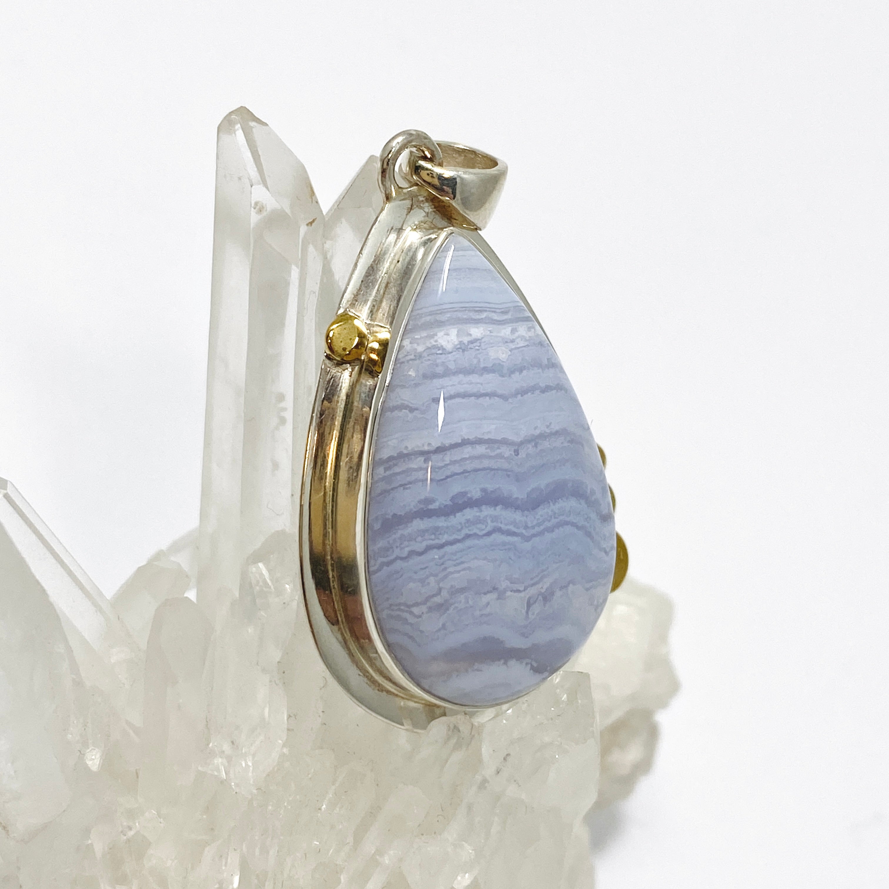 Blue Lace Agate Teardrop Cabochon Pendant - Handmade Silver Jewelry KPGJ4833 - Perfect for Gift Giving & Special Occasions