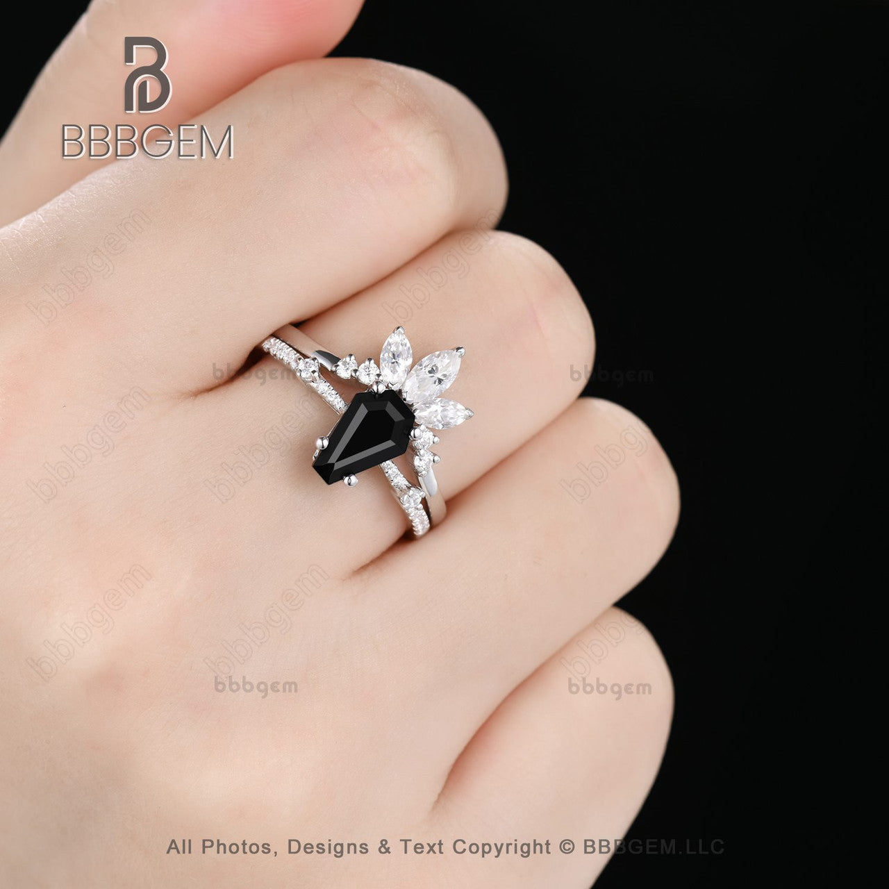 Women's Black Onyx Coffin Statement Ring Set - 3 Stone Marquise Moissanite Curve Band White Gold Promise Ring for Engagement, Anniversary & Special Occasions