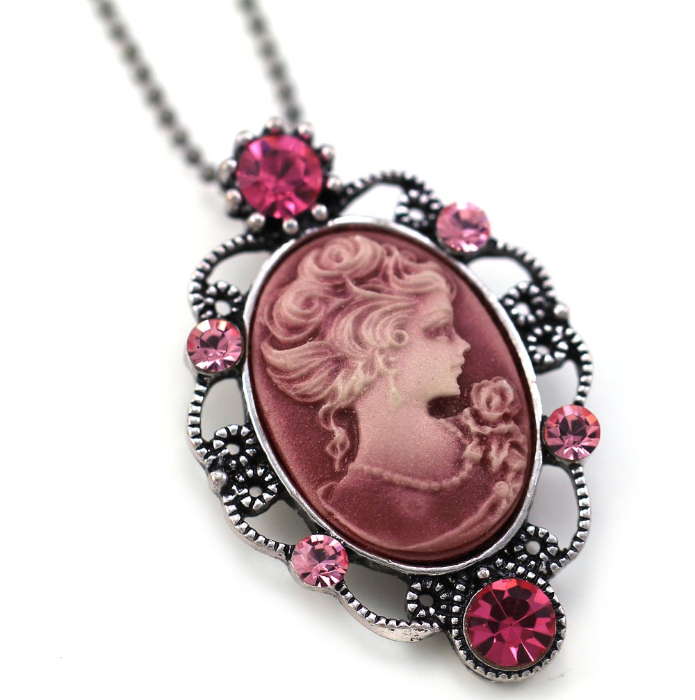 Elegant Hot Pink Cameo Pendant Necklace - Vintage Inspired Charm Jewelry for Women - Perfect for Valentine's Day Gifts, Date Nights & Special Occasions