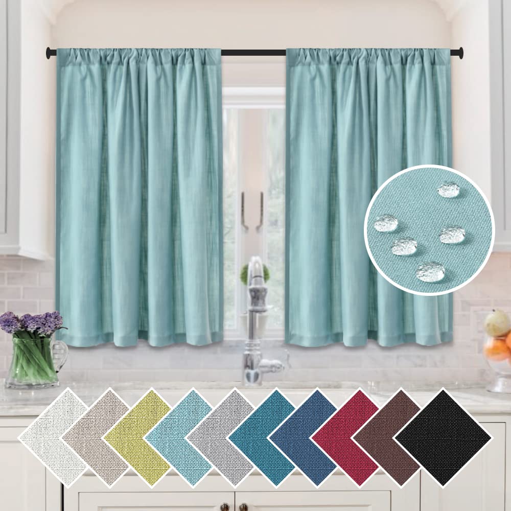 H.VERSAILTEX 36 Inch Linen Kitchen Curtains Set of 2 Panels - Waterproof Bathroom Window Curtains with Energy Saving & Privacy Features for Bedroom, Aqua - Perfect for Kitchen, Bathroom & Living Room Decor