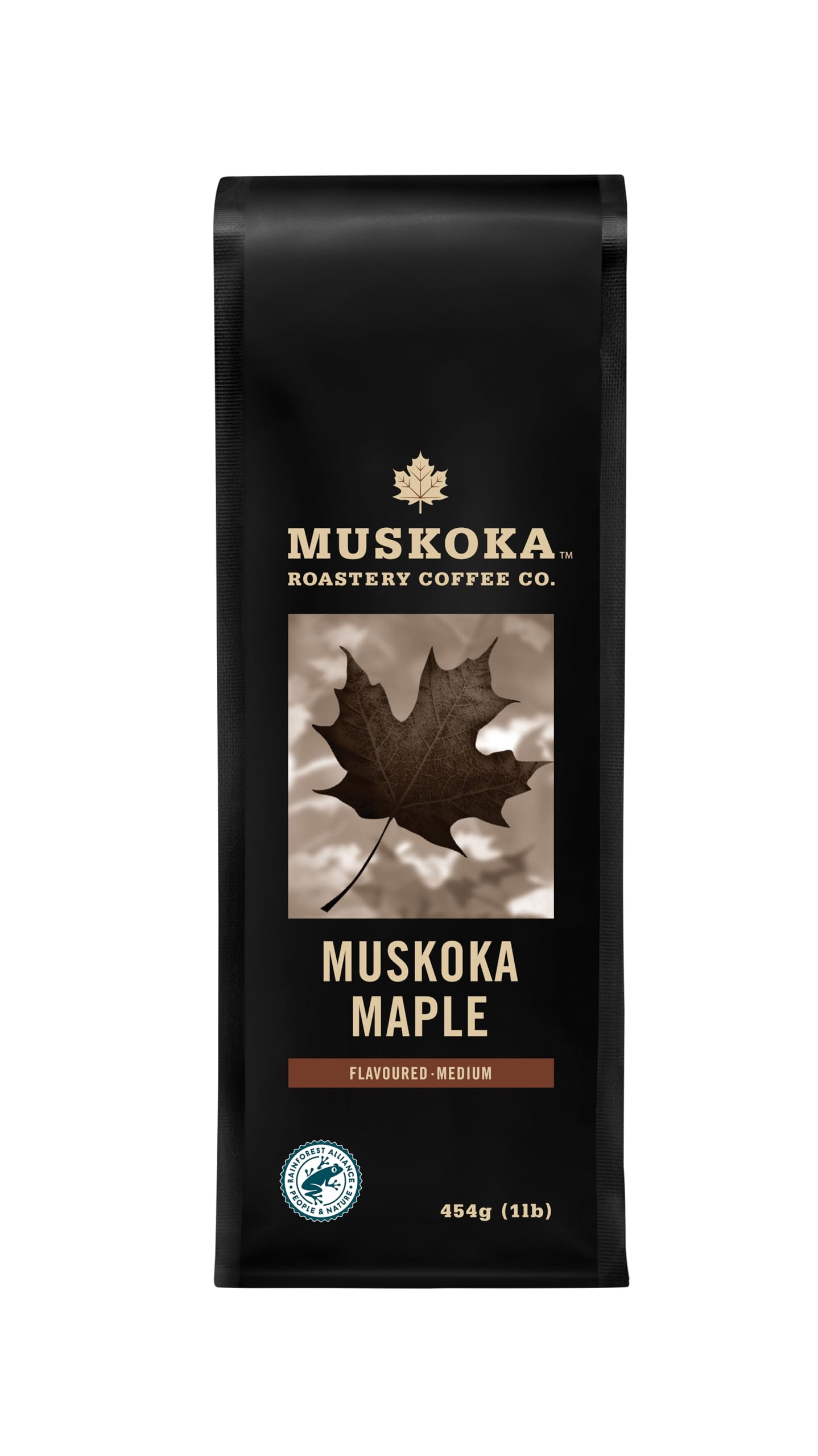 Muskoka Roastery Medium Roast Ground Coffee - Muskoka Maple Flavor, 1LB Bag | Rich & Smooth Canadian Maple Coffee for Home Brewing, Office, or Gifting