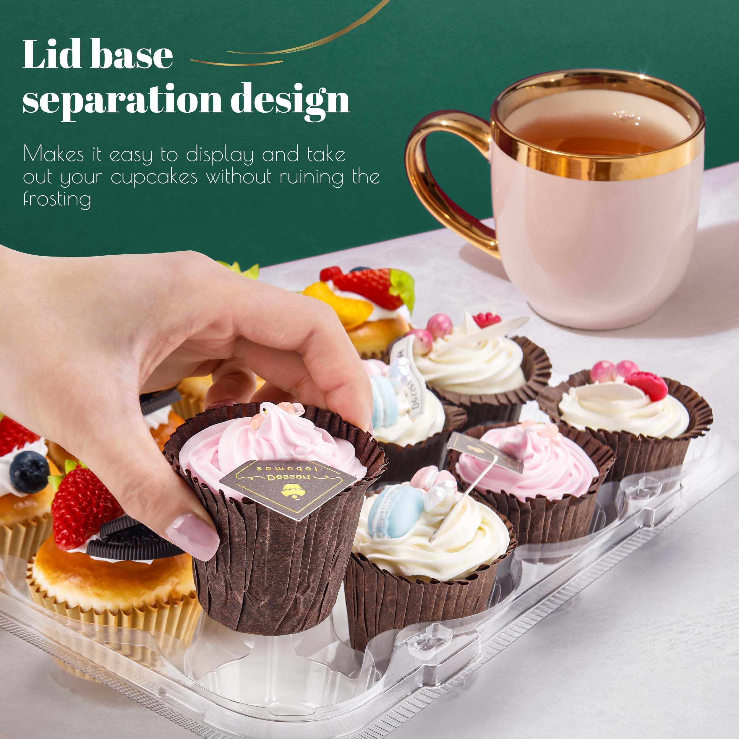 12-Pack Stackable Plastic Cupcake Containers with Tall Dome Lids - 240 BPA-Free Standard Size Cupcake Liners Included | Perfect for Birthday Parties, Wedding Desserts & Bakery Storage