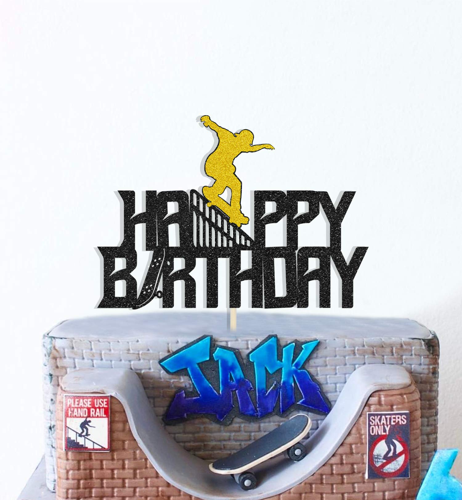 Glitter Happy Birthday Skateboard Cake Topper - Extreme Skateboard Sport Decor for Skateboarding & Graffiti Theme Parties - Perfect for Birthday Cakes, Cupcakes & Desserts