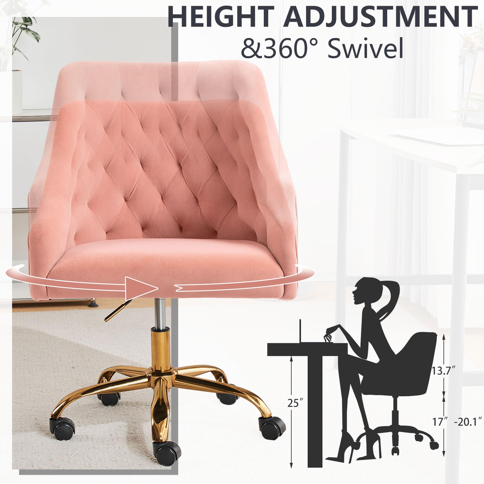 Luxury Velvet Swivel Office Chair with Gold Base - 360° Rotation & Height Adjustable - Pink Fabric Desk Chair for Women - Perfect for Home Office, Reception, and Vanity Areas