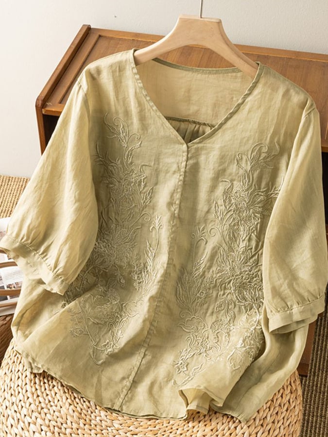 Lovevop Women's Cotton Embroidered Loose Fit Vintage Shirt - Breathable Summer Blouse for Casual Outings & Boho Style Fashion