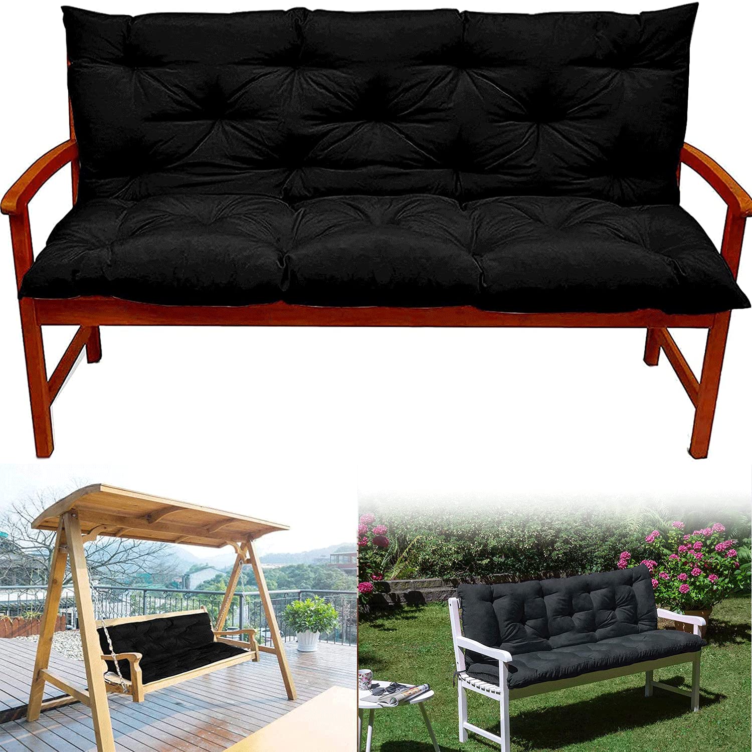 Premium Outdoor/Indoor Bench Cushion with Backrest - Thick Comfortable 2 or 3 Seater Garden Swing Chair Cushion Set - Waterproof Replacement Seat Pads with Pillow for Patio, Deck, Porch & Backyard Furniture - Perfect for Lounging, Relaxing & Outdoor Entertaining