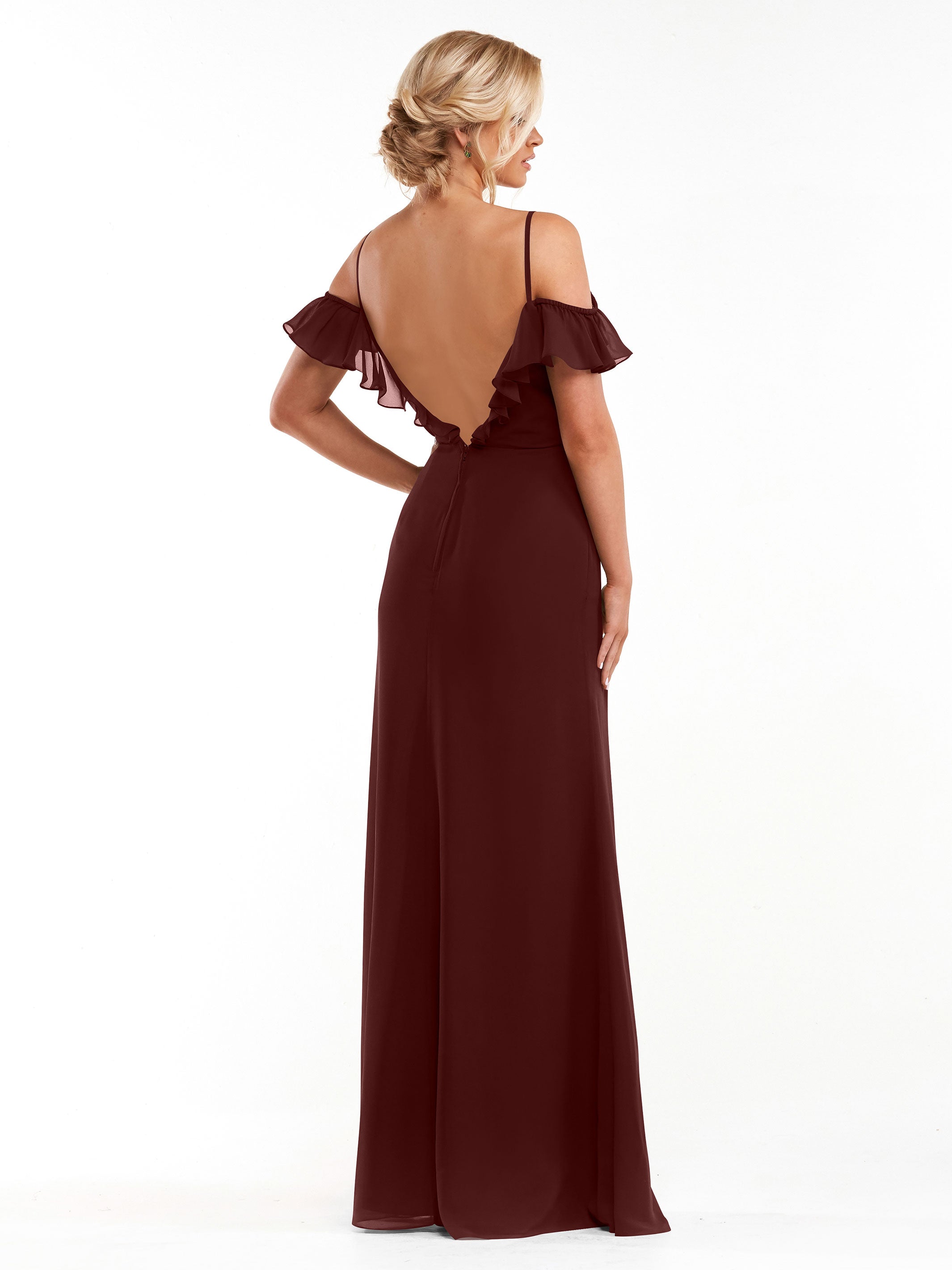 Elegant 80172 Chiffon Off-The-Shoulder A-Line Bridesmaid Dress with Ruffled Neckline - Perfect for Weddings, Formal Events & Evening Parties