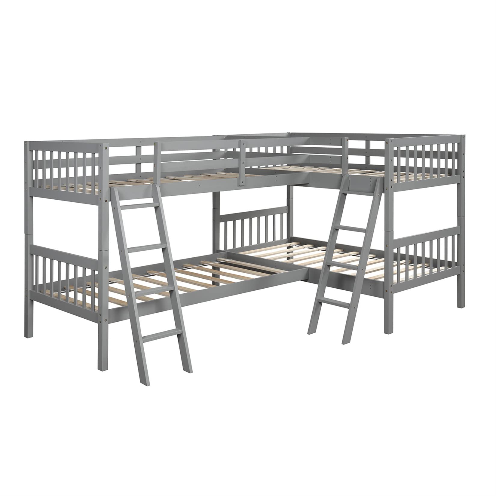 Twin Over Twin L-Shaped Quad Bunk Bed for 4 Kids - Sturdy Wood Loft Bed for Boys, Girls & Teens - Space-Saving Gray Bunk Bed for Small Rooms, Dorms & Shared Kids' Bedrooms
