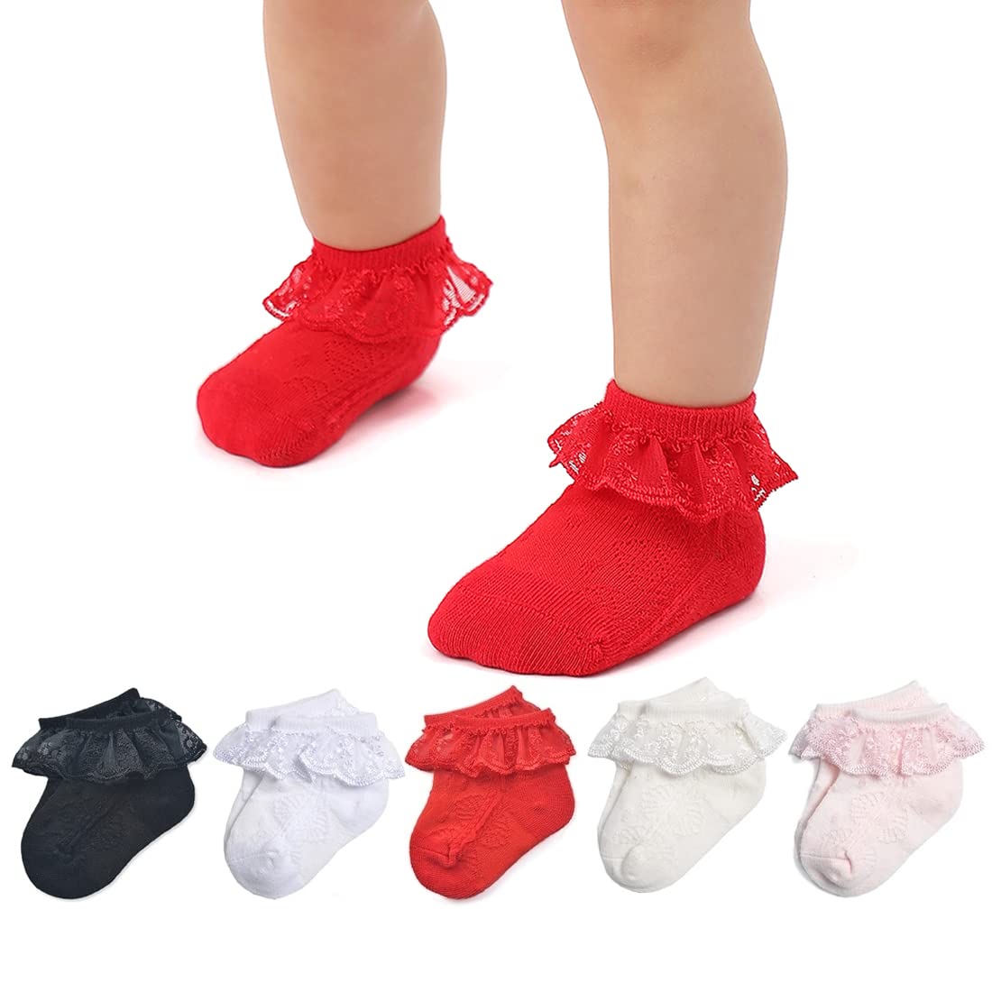 Baby Girl Lace Socks with Eyelet Lace and Ruffle Trim - Soft Cotton Newborn & Toddler Socks Gift Set (0-24 Months) - Perfect for Photoshoots, Special Occasions and Everyday Wear