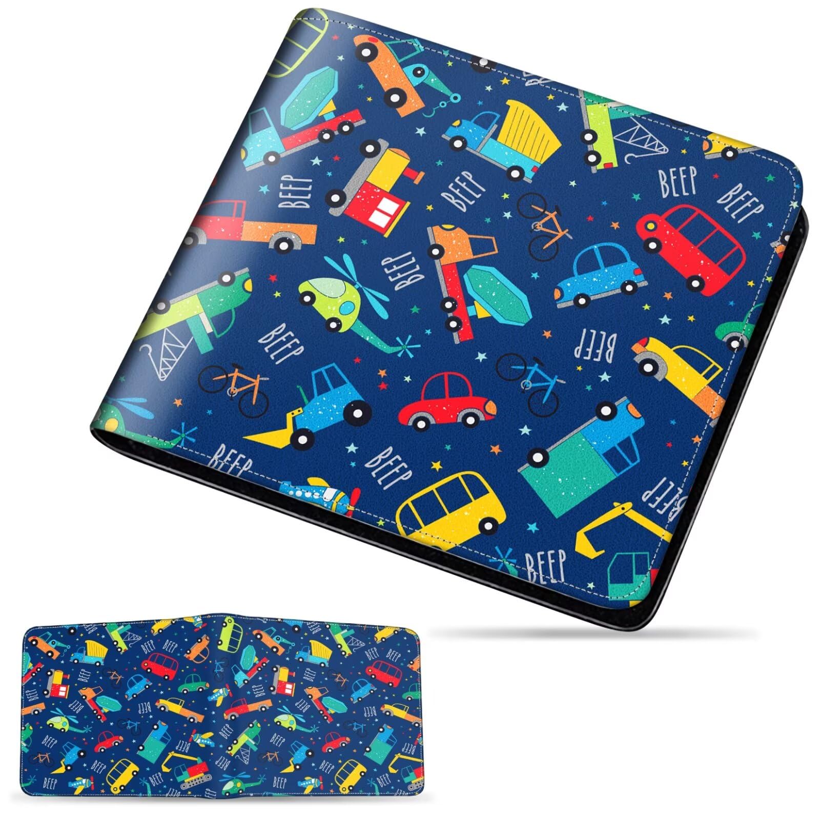 Boys Leather Bifold Wallet - RFID Blocking Credit Card Holder & Cash ID Organizer for Teens | Compact Bi-Fold Design with Construction Vehicle Print | Perfect for School, Travel & Everyday Use