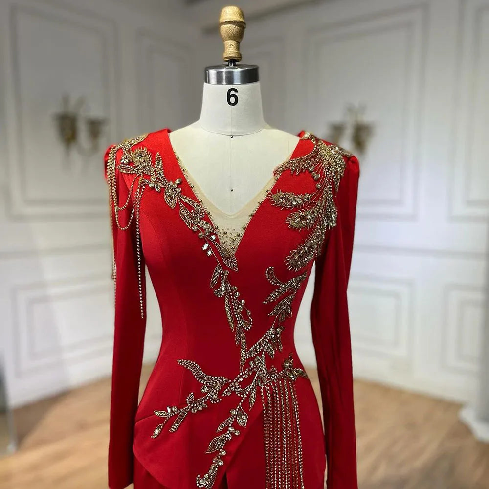 Elegant Arabic Red Mermaid Dresses for Women - Beaded Luxury Evening Gown with Tassel Details | Dubai Style Wedding Party Dress LA72558 | Perfect for Formal Events, Red Carpet & Special Occasions