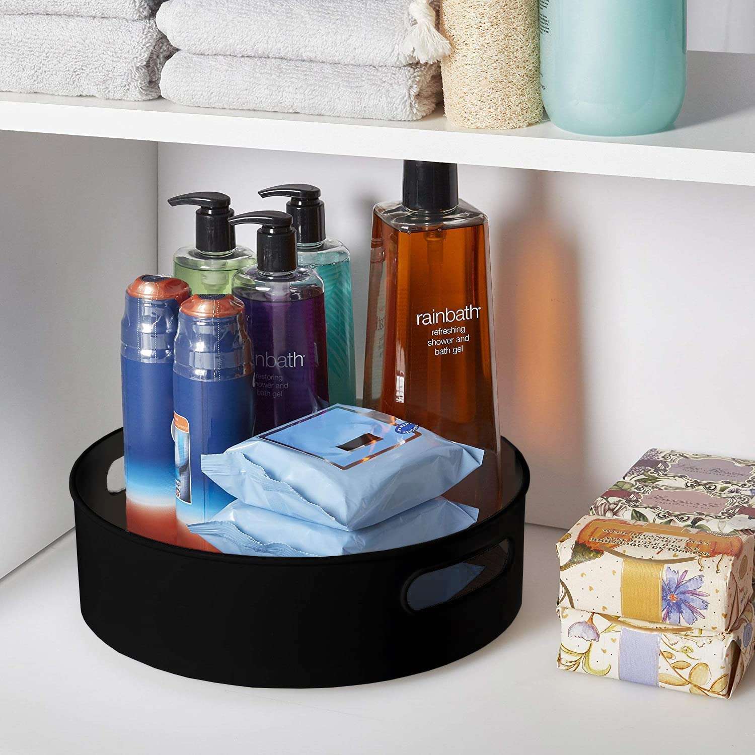 360° Rotating Lazy Susan Organizer Tray - Multi-Purpose Kitchen & Bathroom Storage for Spices, Cosmetics, Condiments | Space-Saving Spice Rack & Makeup Organizer (Black) - Perfect for Pantry, Countertop, Vanity & Office Desk Organization