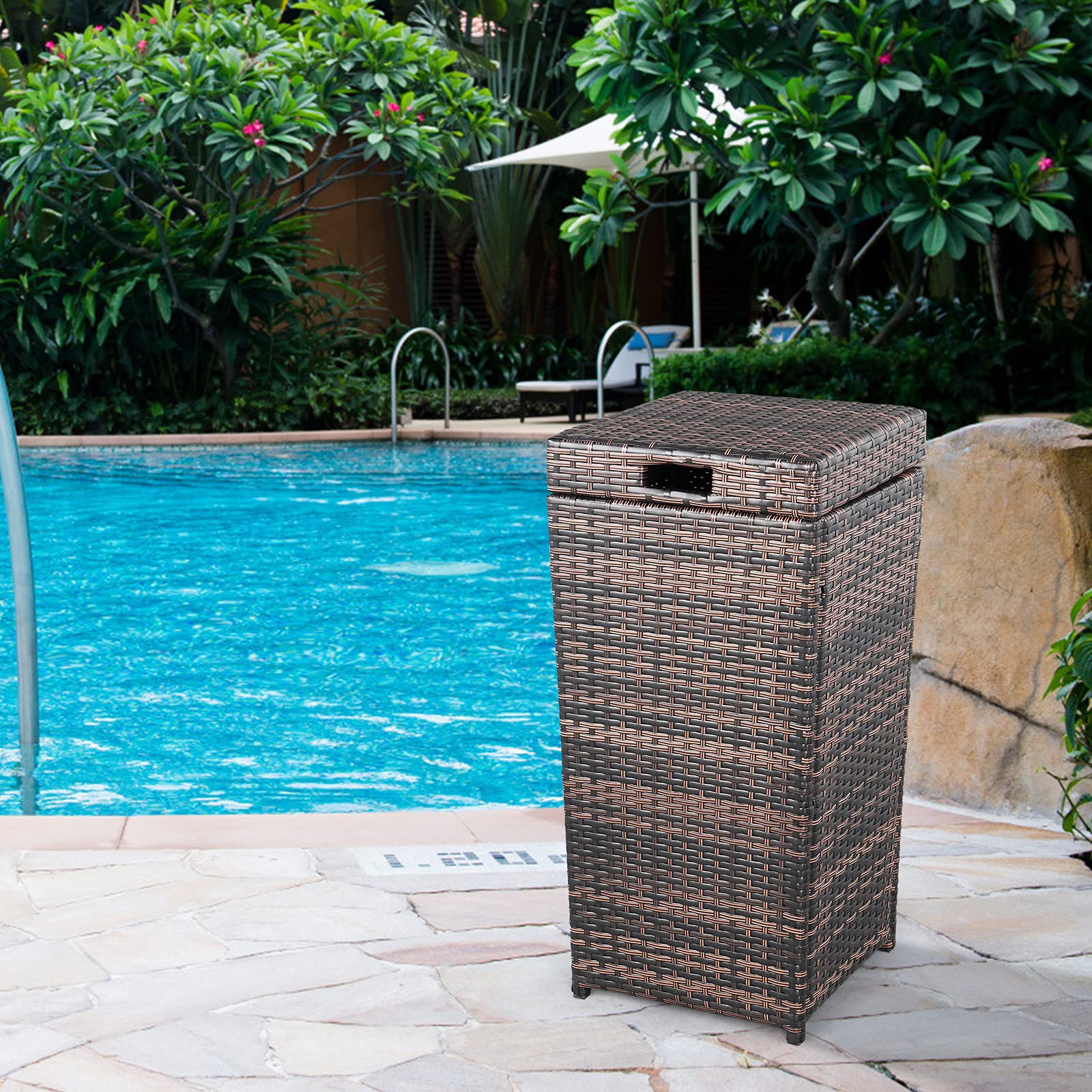 27 Gallon Outdoor Rattan Trash Can with Lid - Waterproof Patio Garden Waste Bin, Iron Frame Brown Gradient Design | Perfect for Backyard, Deck & Poolside Use
