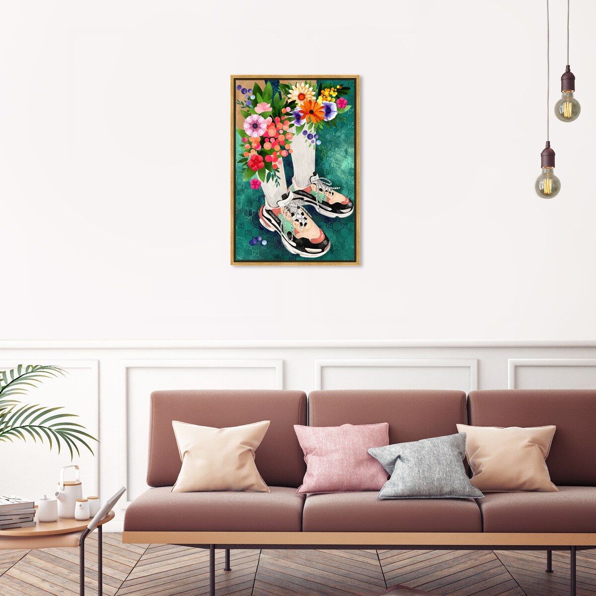 Stylish Floral Sneakers & Socks Set with Modern Green Canvas Wall Art - Perfect for Bedroom Decor and Casual Outfits