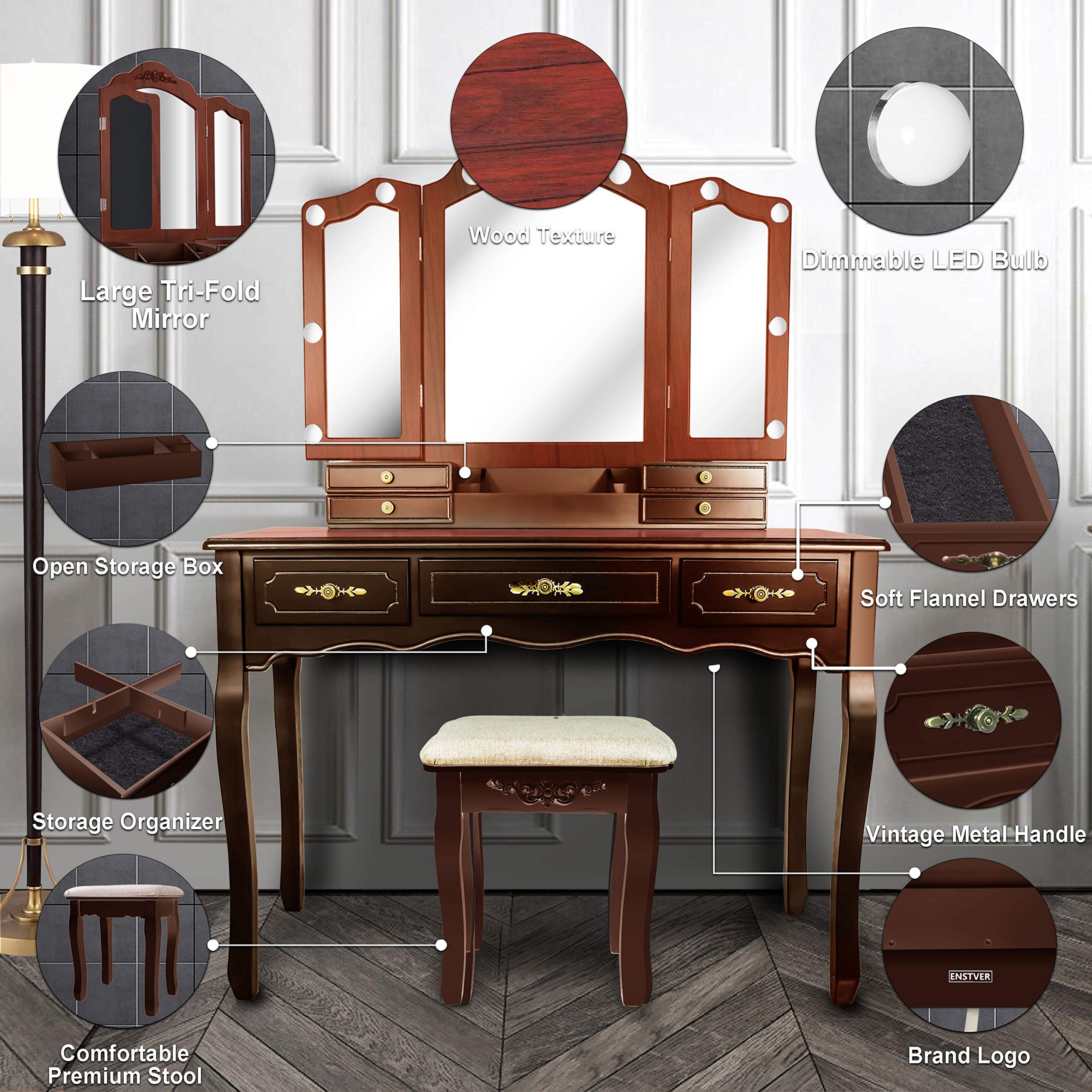 ENSTVER Vanity Beauty Station with Tri-Folding Mirrors - 7 Drawers Makeup Dressing Table with Cushioned Stool, Espresso Finish - Perfect for Bedroom, Bathroom & Salon Organization