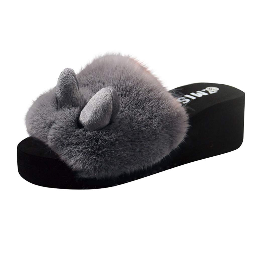 Women's Winter Open Toe Wedge Sandals - Warm Rabbit Fur Slip-On Slippers for Beach & Indoor Comfort | Cozy House Shoes for Ladies
