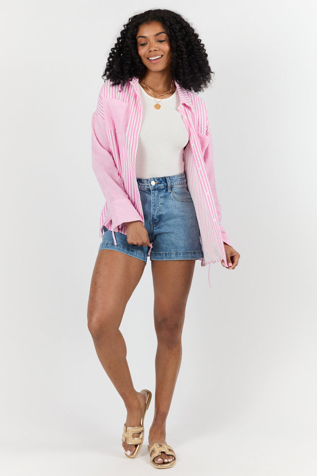 Daybreak Dreams Women's Pink Gauze Button Down Shirt - Soft & Breathable Multi-Stripe Blouse for Casual Wear, Office & Summer Outfits