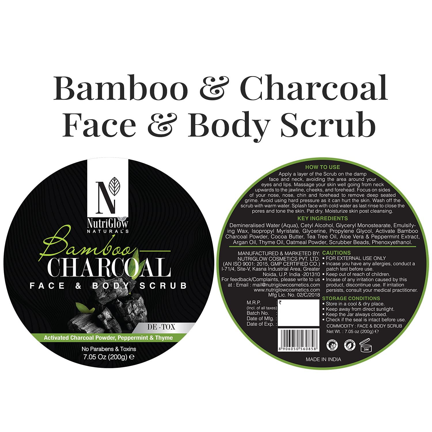 NutriGlow NATURAL'S Bamboo Charcoal Face & Body Scrub - Gentle Exfoliating & Nourishing for Blackheads, Acne & Dead Skin Removal | Sulfate-Free, 200g | Perfect for Daily Skincare & Spa Treatments