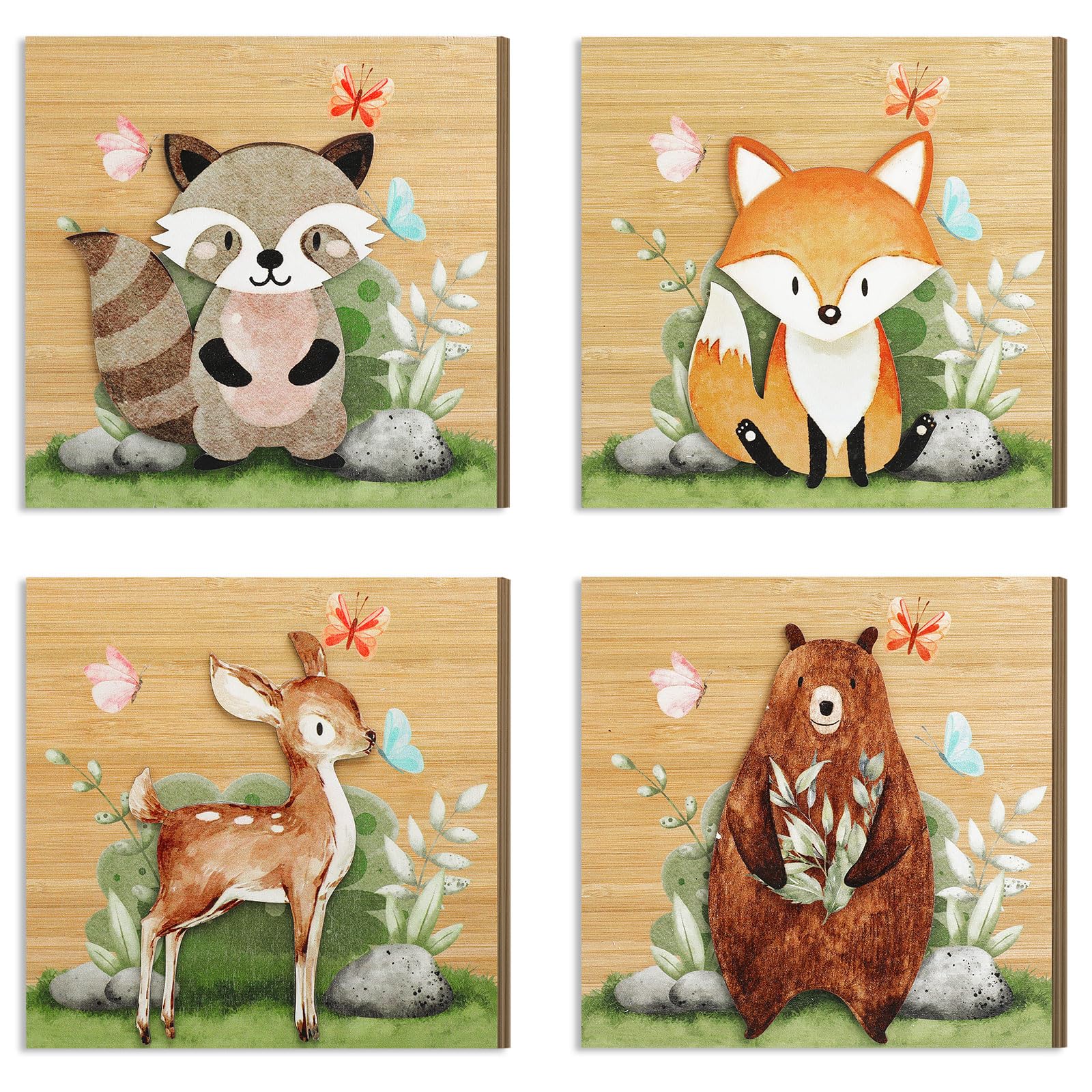 Suzile 4 Pcs 3D Woodland Nursery Decor Set - Wooden Forest Animals (Bear, Raccoon, Fox & Deer) for Kids Bedroom & Baby Room - Perfect for Nursery Wall Decor, Baby Shower Gifts & Children's Room Theme
