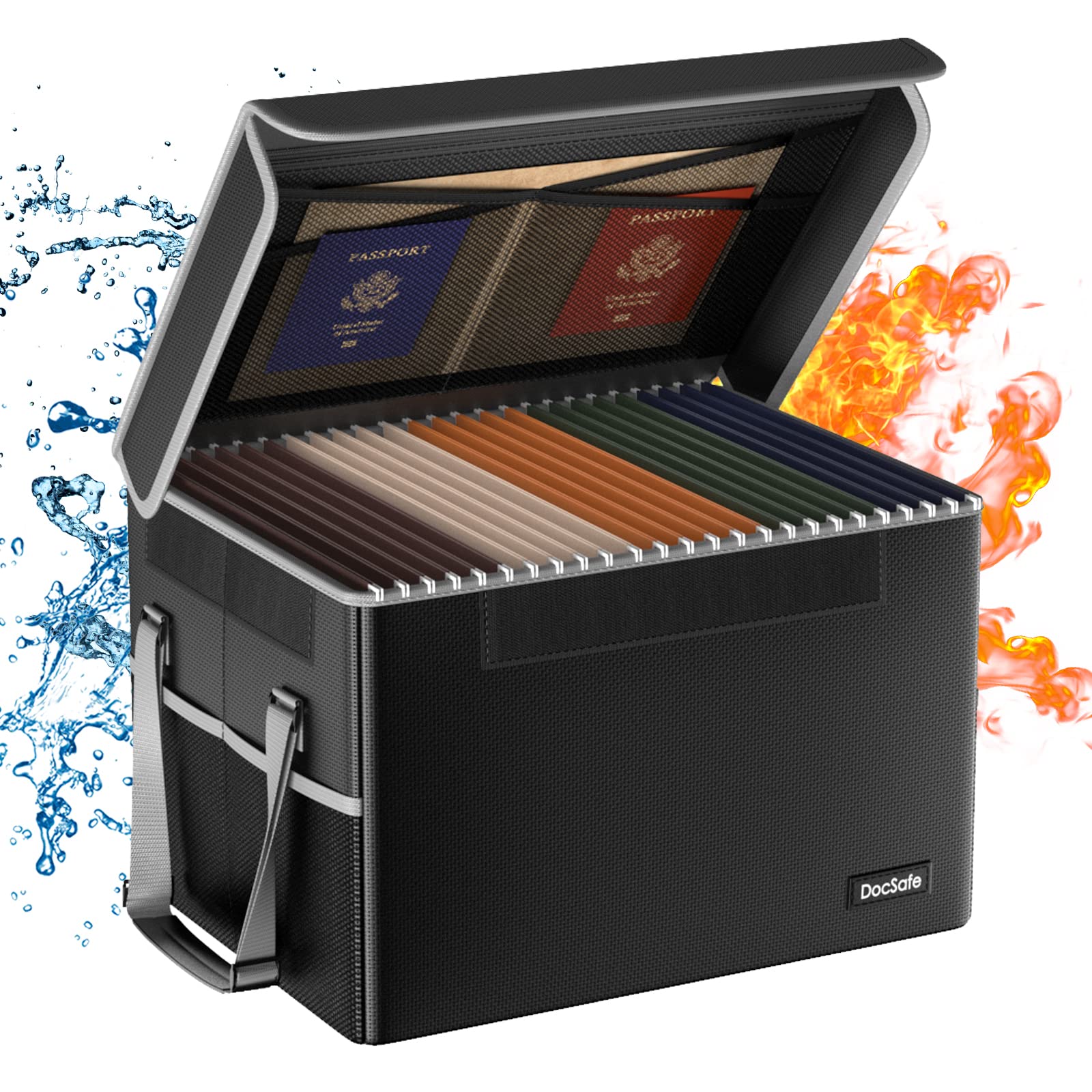 Fireproof Document Storage Box with Lid - Collapsible File Organizer for Hanging Letter/Legal Folders, Portable Home & Office Safe Filing Cabinet with Handle, Black - Ideal for Important Paper Storage, Fire Protection & Office Organization