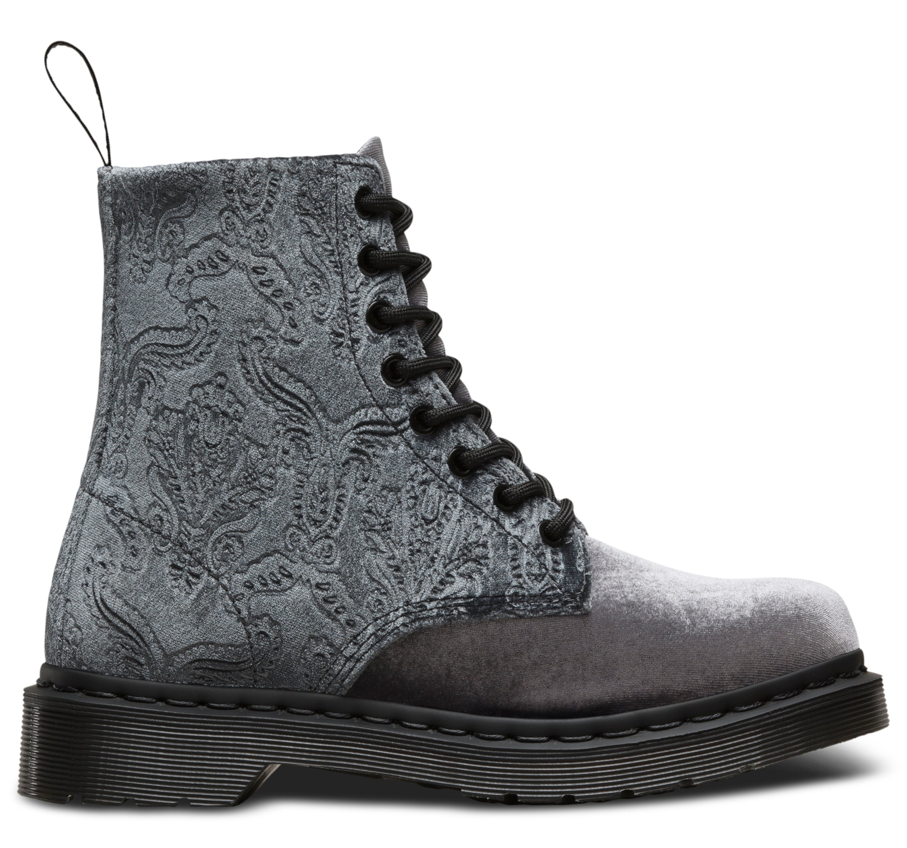 1460 Grey Brocade Velvet Emboss Lace Up Boots for Women - Gothic Punk Fashion Ankle Boots with Side Zipper - Perfect for Concerts, Parties & Everyday Wear