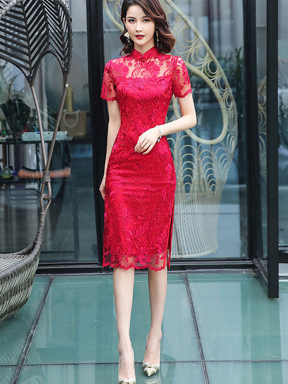 Elegant Red Lace Sheer Hem Qipao Cheongsam Wedding Dress - Vintage Chinese Style Bridal Gown for Wedding Ceremony, Engagement Party & Special Occasions