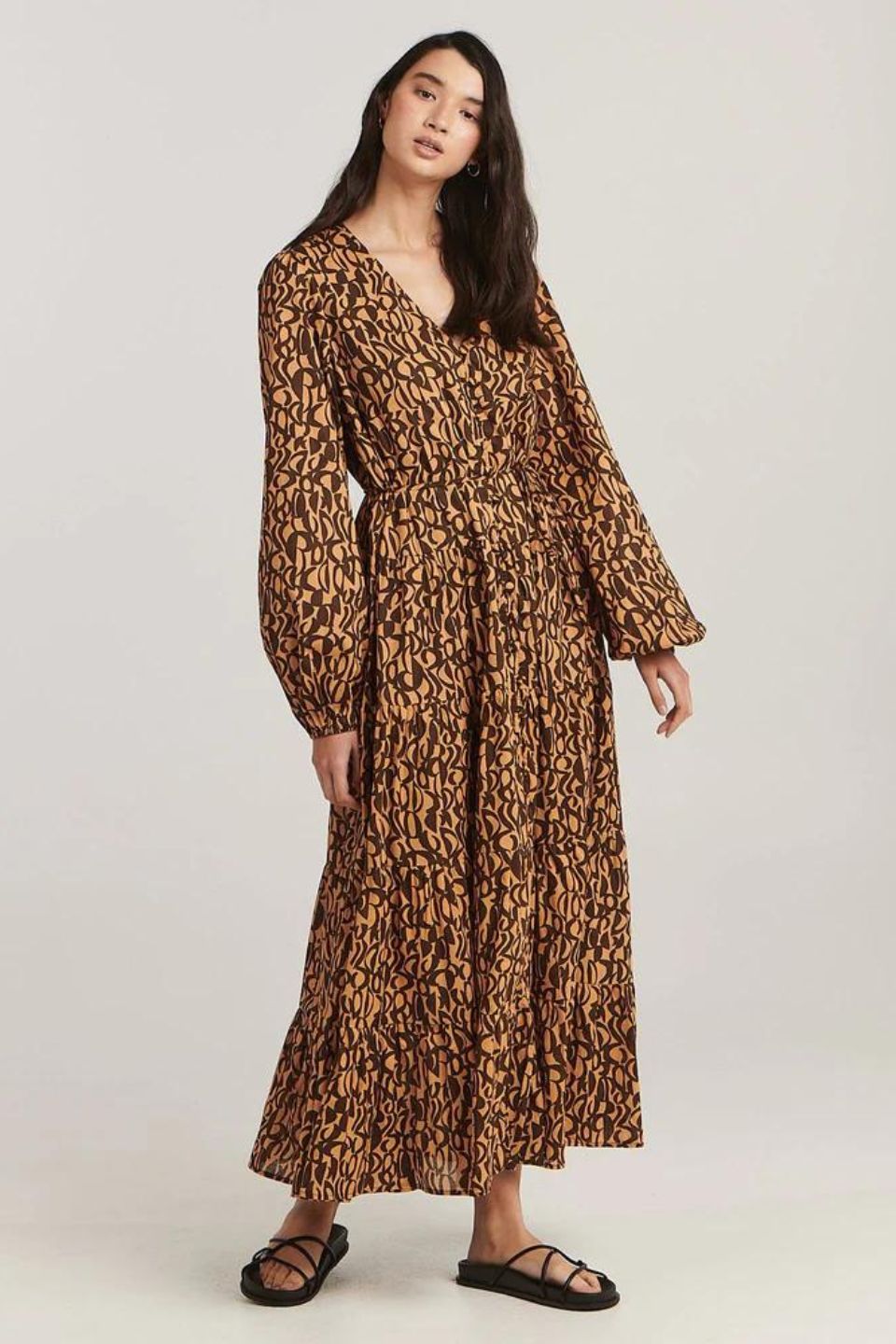 Eyler Chocolate Abstract Long Sleeve Maxi Dress - Elegant Boho Flowy Dress for Women, Perfect for Parties, Weddings & Date Nights