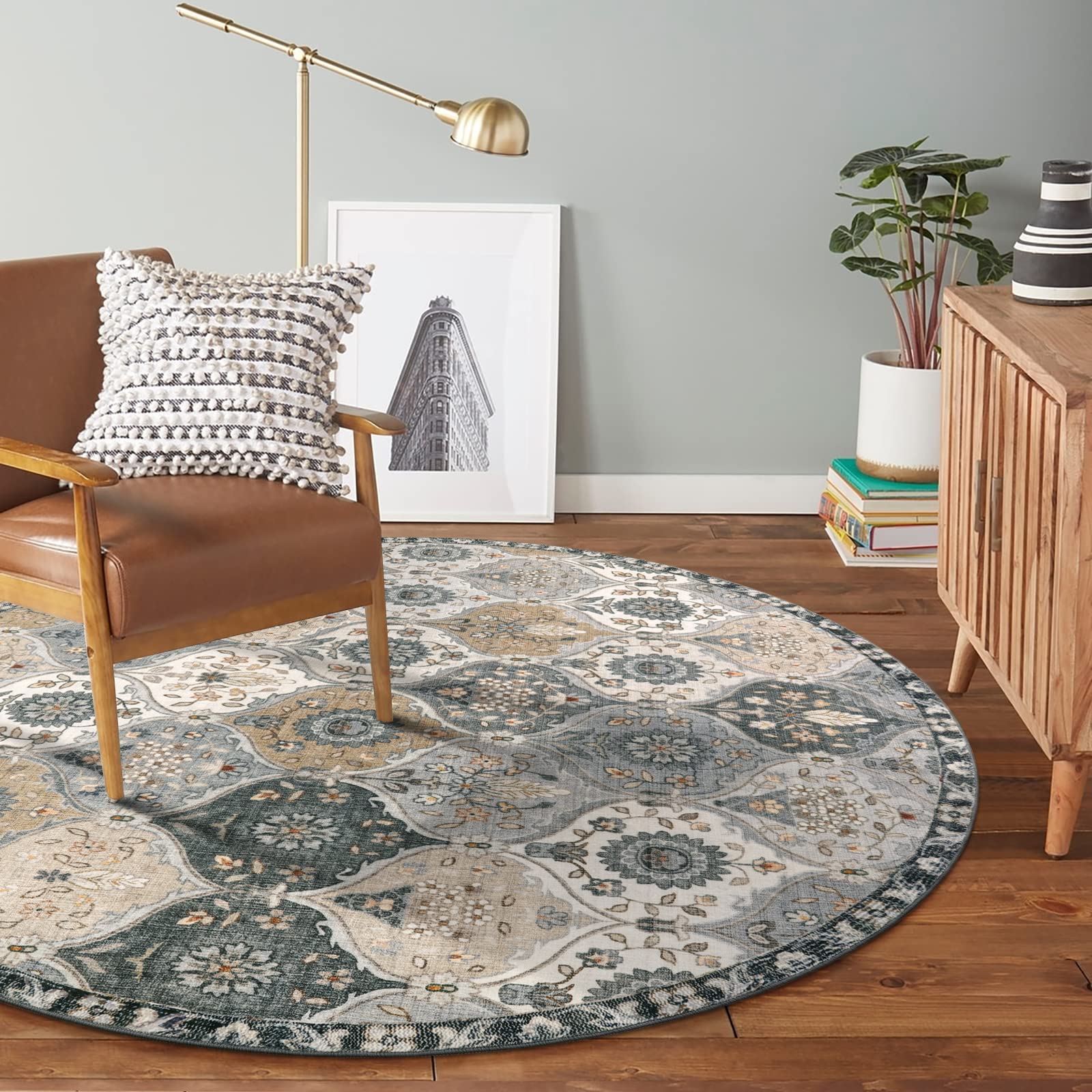 Lahome Moroccan Trellis Washable Round Rug 5ft - Soft Non-Slip Circle Carpet for Bedroom, Living Room, Nursery - Distressed Grey Boho Floor Mat for Home Decor & Cozy Spaces