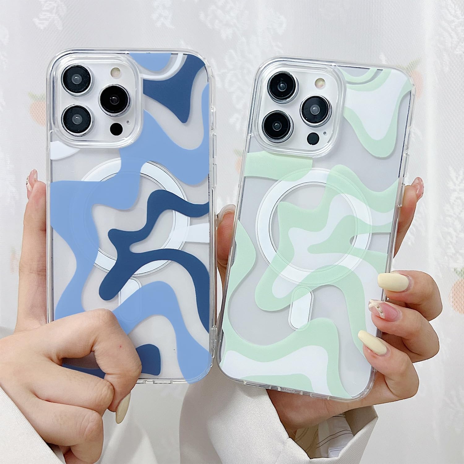 Magnetic iPhone 14 Case & iPhone 13 Case - MagSafe Compatible, Cute Wavy Art Design for Women, Soft TPU Edge with Shockproof PC Back Cover (Blue) - Perfect for Everyday Protection & Wireless Charging