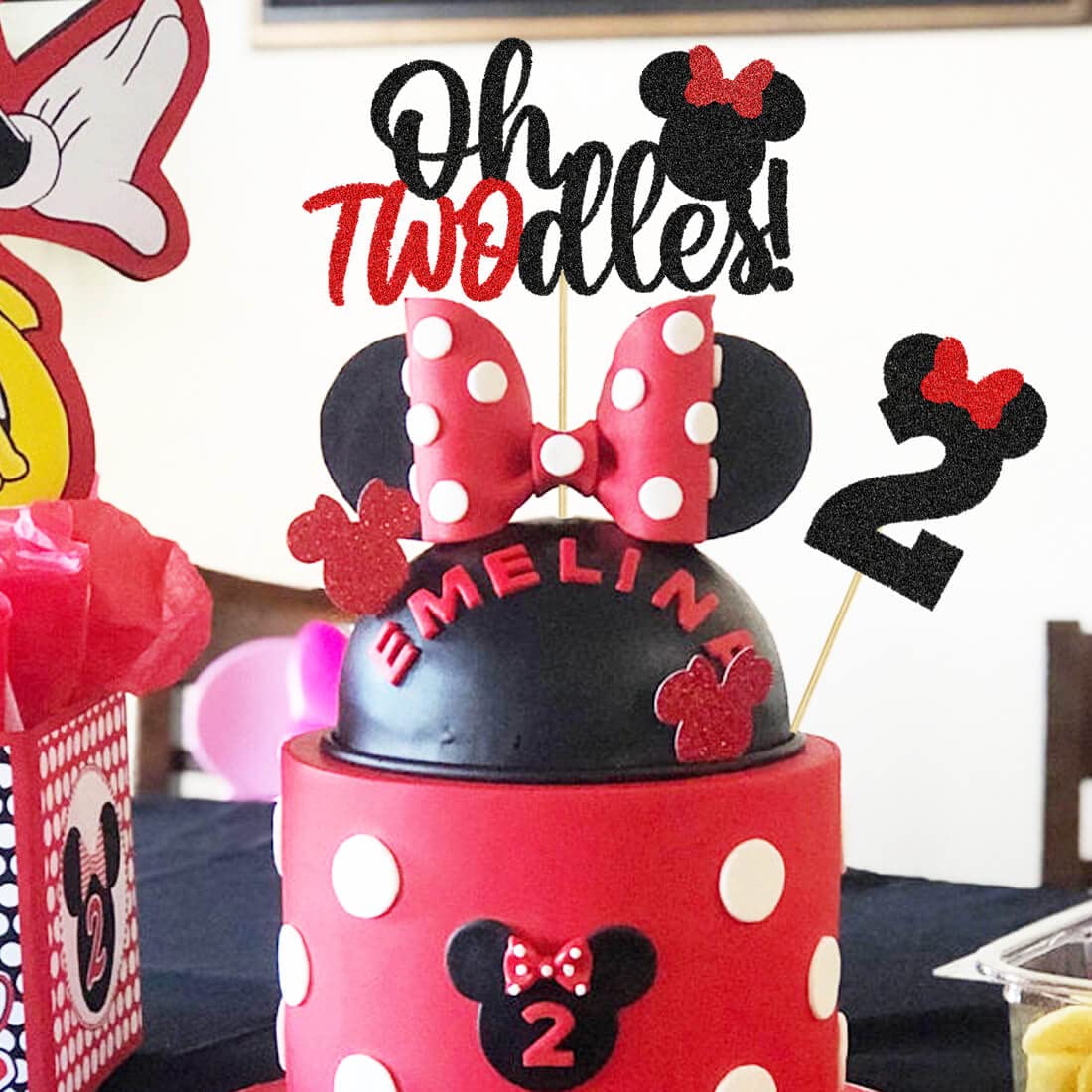 Oh Twodles Red Cake Topper - 2nd Birthday Party Supplies & Decorations for Baby Girl - Perfect for 2-Year-Old Birthday Cakes, Desserts, and Celebration Parties