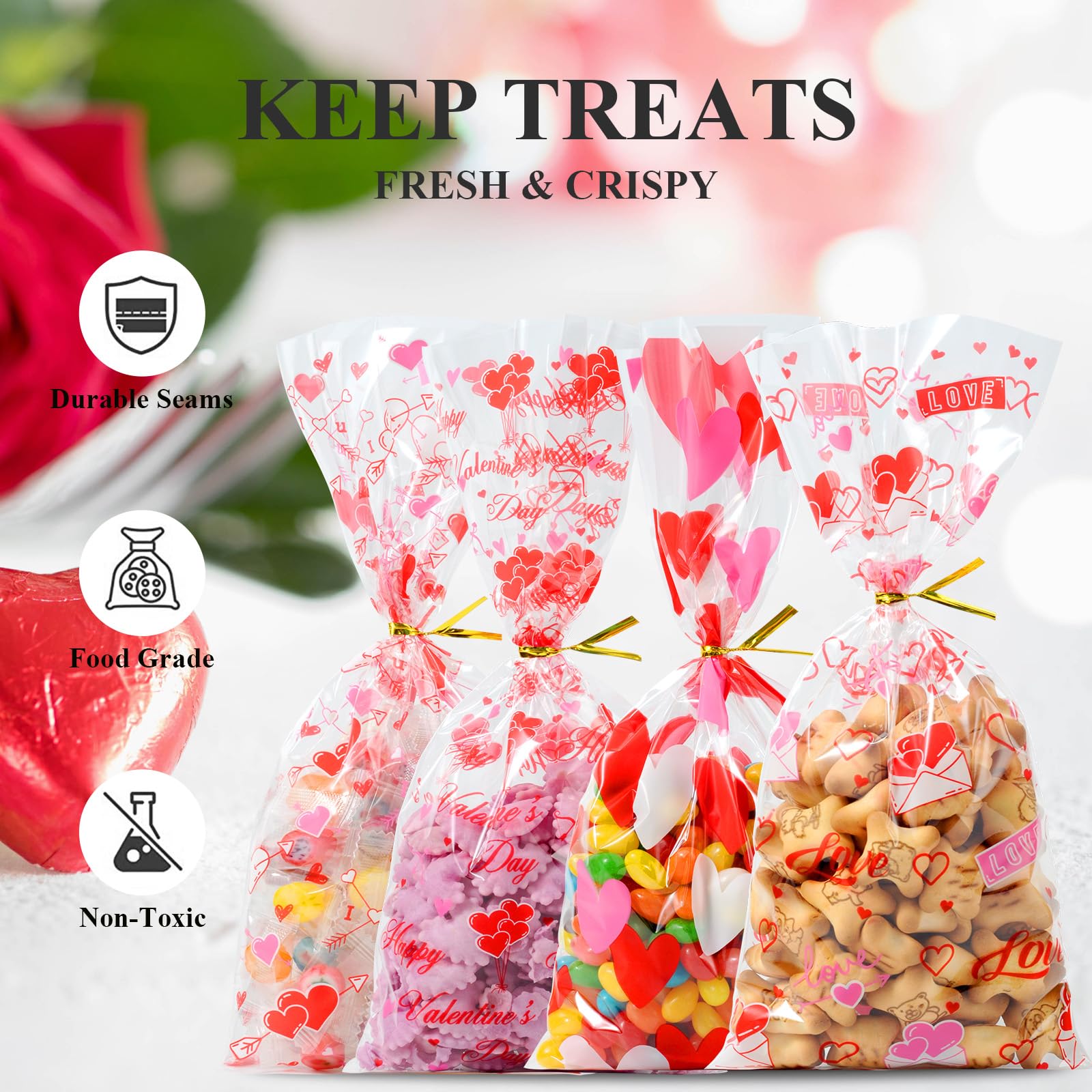 50 Pack Valentine's Day Cellophane Gift Bags with Twist Ties - Red Heart Shaped Treat Bags for Candy, Party Favors, Wedding & Anniversary Supplies - Perfect for Valentine's Gifts, Birthday Parties & Holiday Celebrations