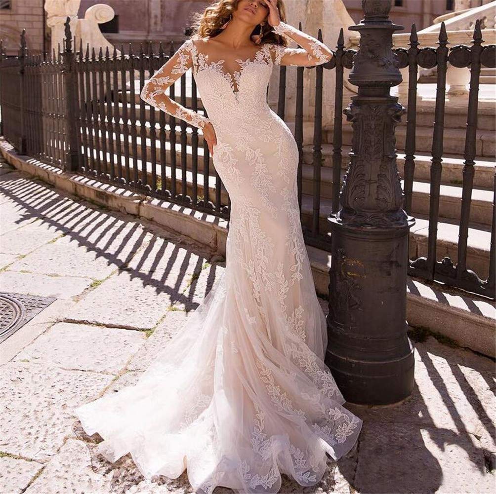 Elegant White Lace Mermaid Wedding Dress with Long Sleeves & Detachable Skirt - Applique Bridal Gown for Women | Perfect for Beach, Church, and Formal Wedding Ceremonies