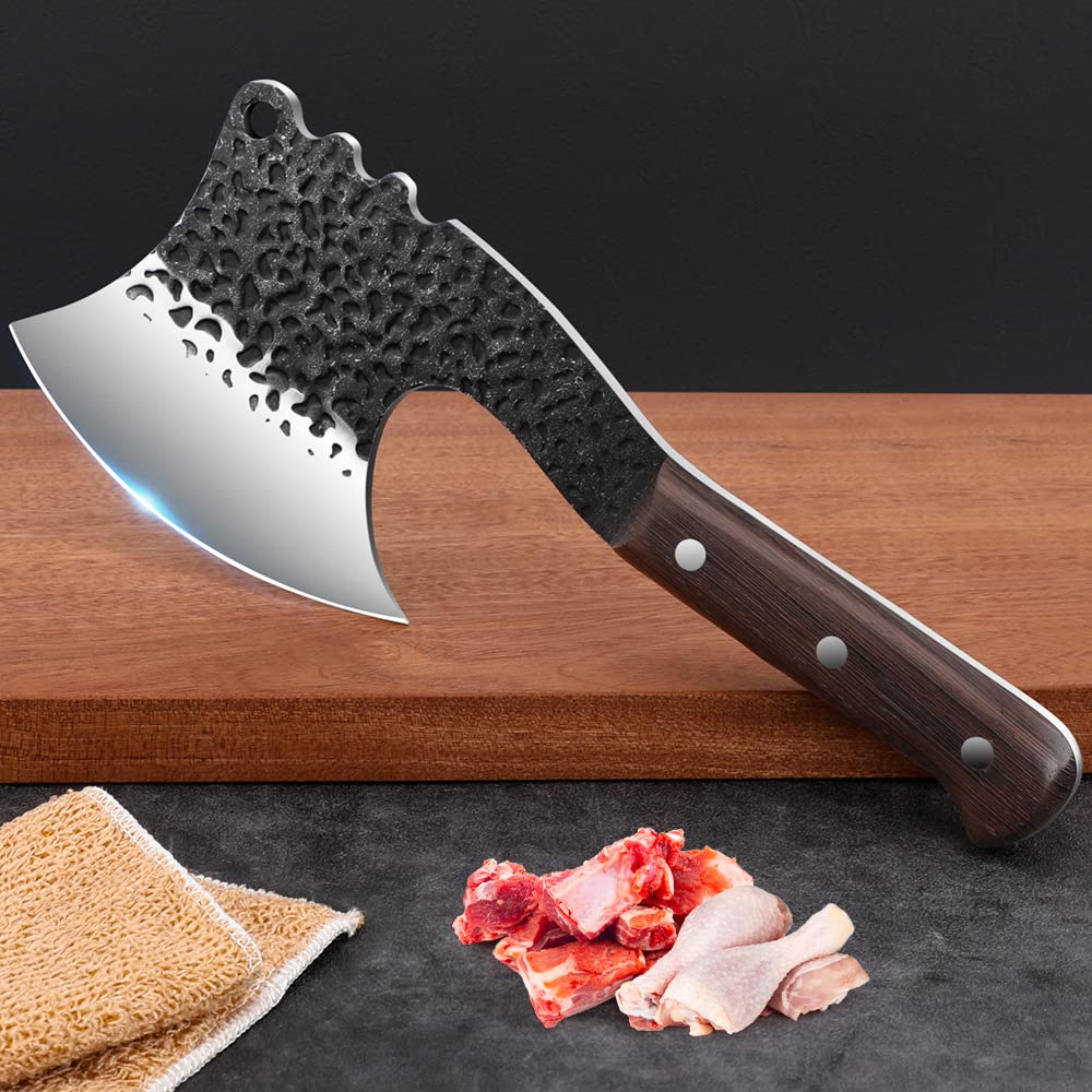 Handmade Forged High Carbon Steel Heavy Duty Butcher Knife - Meat Cleaver Axe Shape, Boning Breaker & Vegetable Chopper - Professional Chef Knife with Protective Cover for Kitchen, Outdoor BBQ & Camping (Black)
