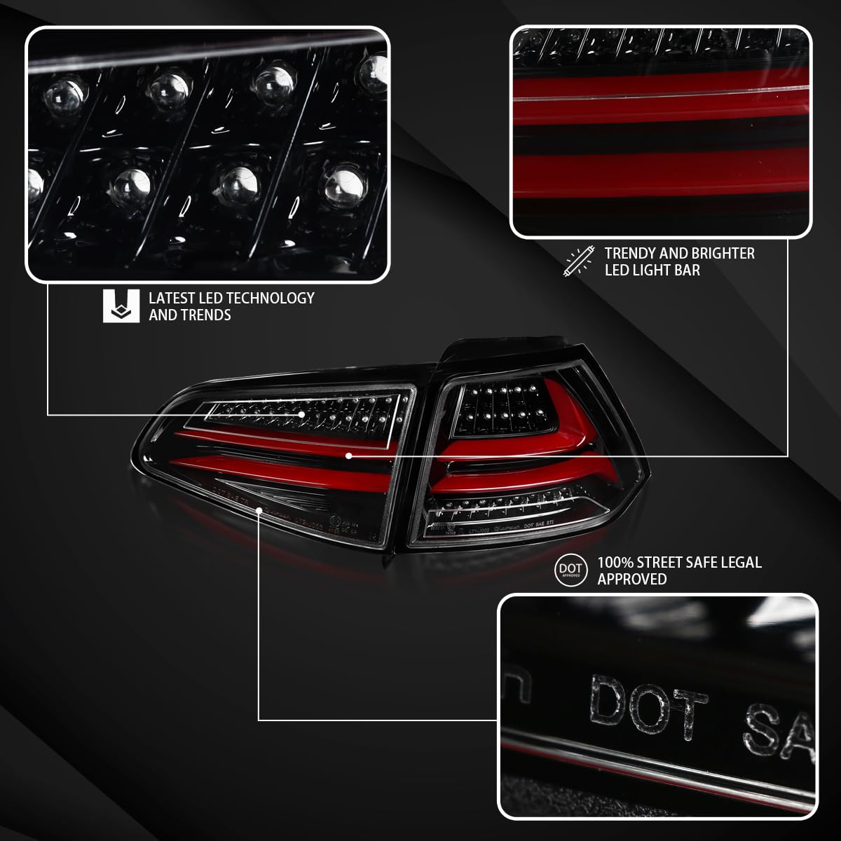 AUTOZENSATION LED Tail Lights for 2015-2017 Volkswagen Golf GTI - Left & Right Pair Assembly with Jet Black Housing & Red LED Bar | Enhanced Visibility & Style for Night Driving & Custom Car Upgrades