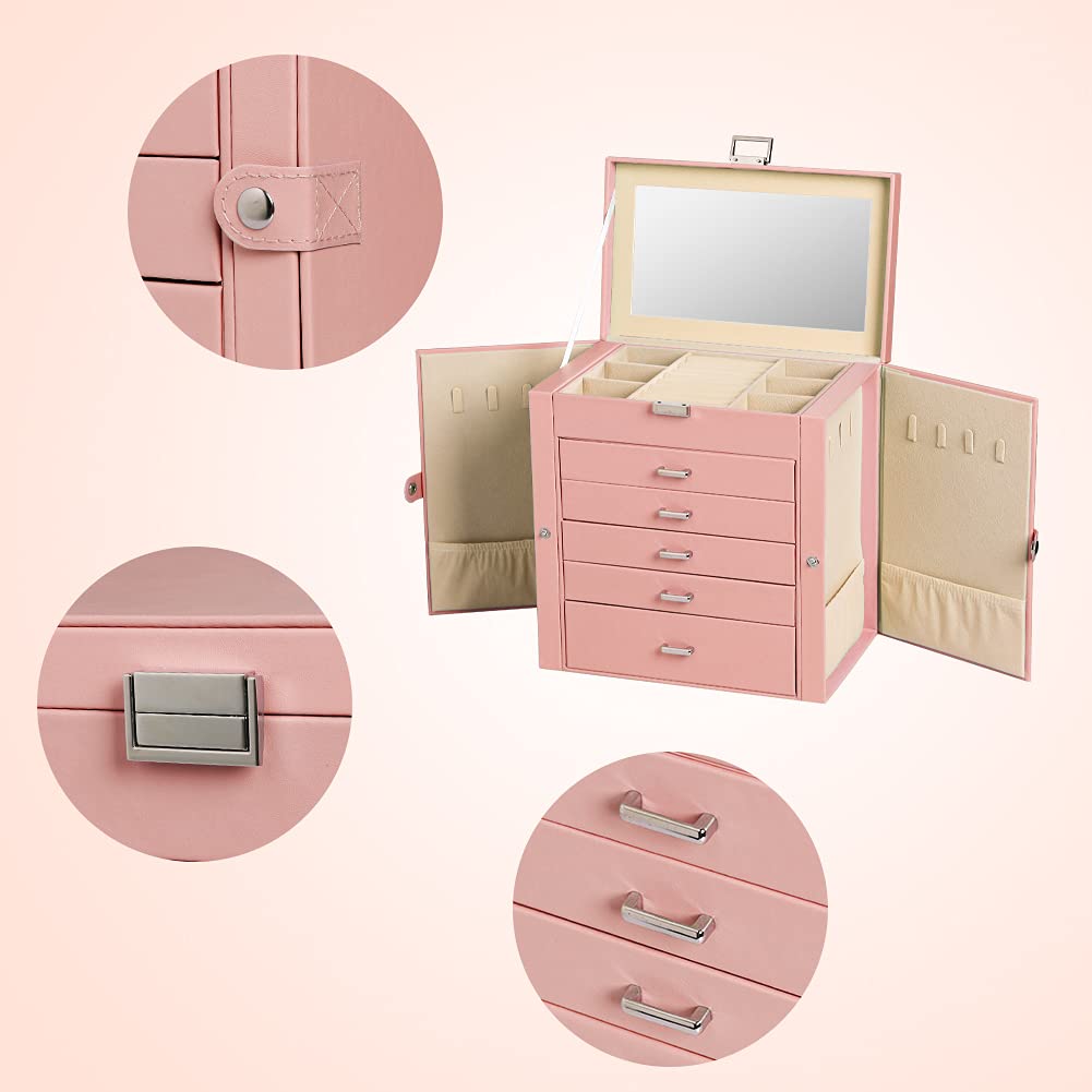 Frebeauty 6-Tier PU Leather Jewelry Organizer with Mirror & 5 Drawers - Pink for Necklaces, Bracelets & Watches Storage