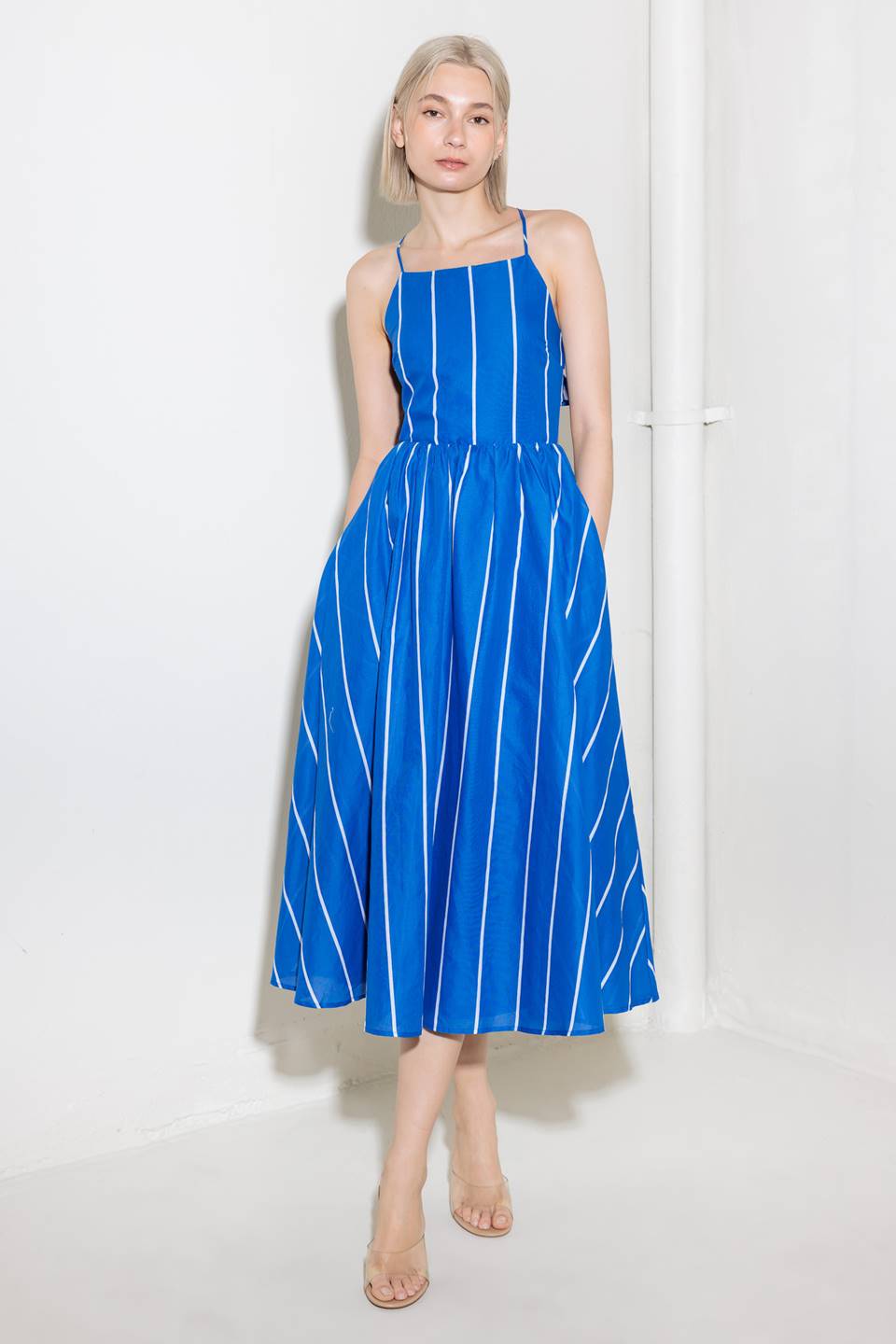 Blue Stripe Tie Back Midi Dress - Elegant Summer Casual Outfit for Beach, Brunch & Date Nights