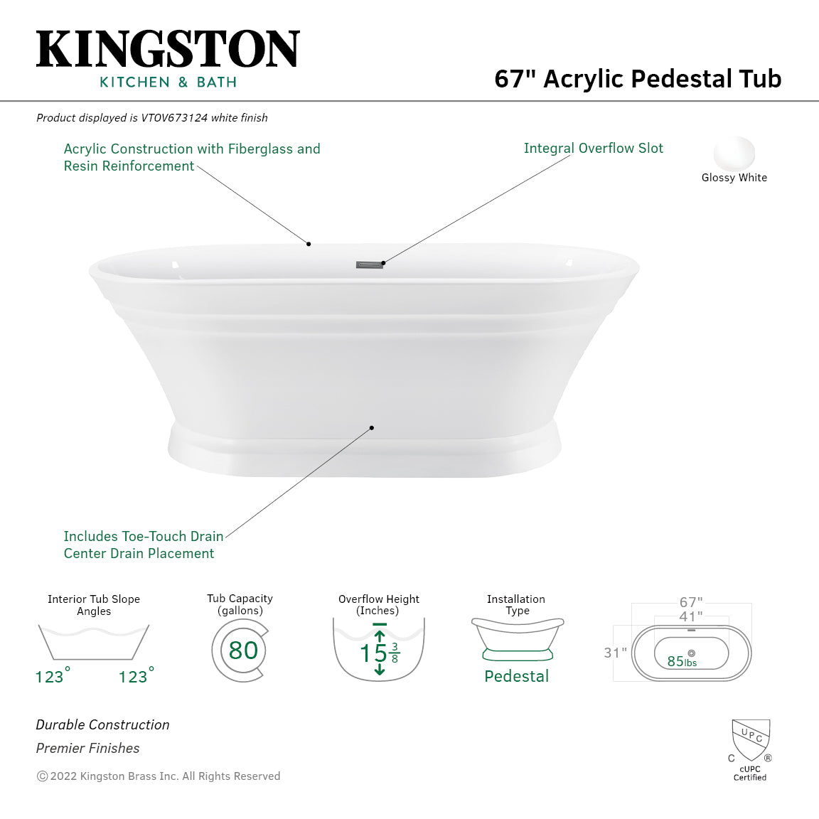 Aqua Eden 67-Inch Acrylic Oval Double-Ended Freestanding Bathtub - Glossy White Pedestal Soaking Tub with Drain (No Faucet Holes) | Luxury Bathroom Centerpiece for Spa-Like Relaxation