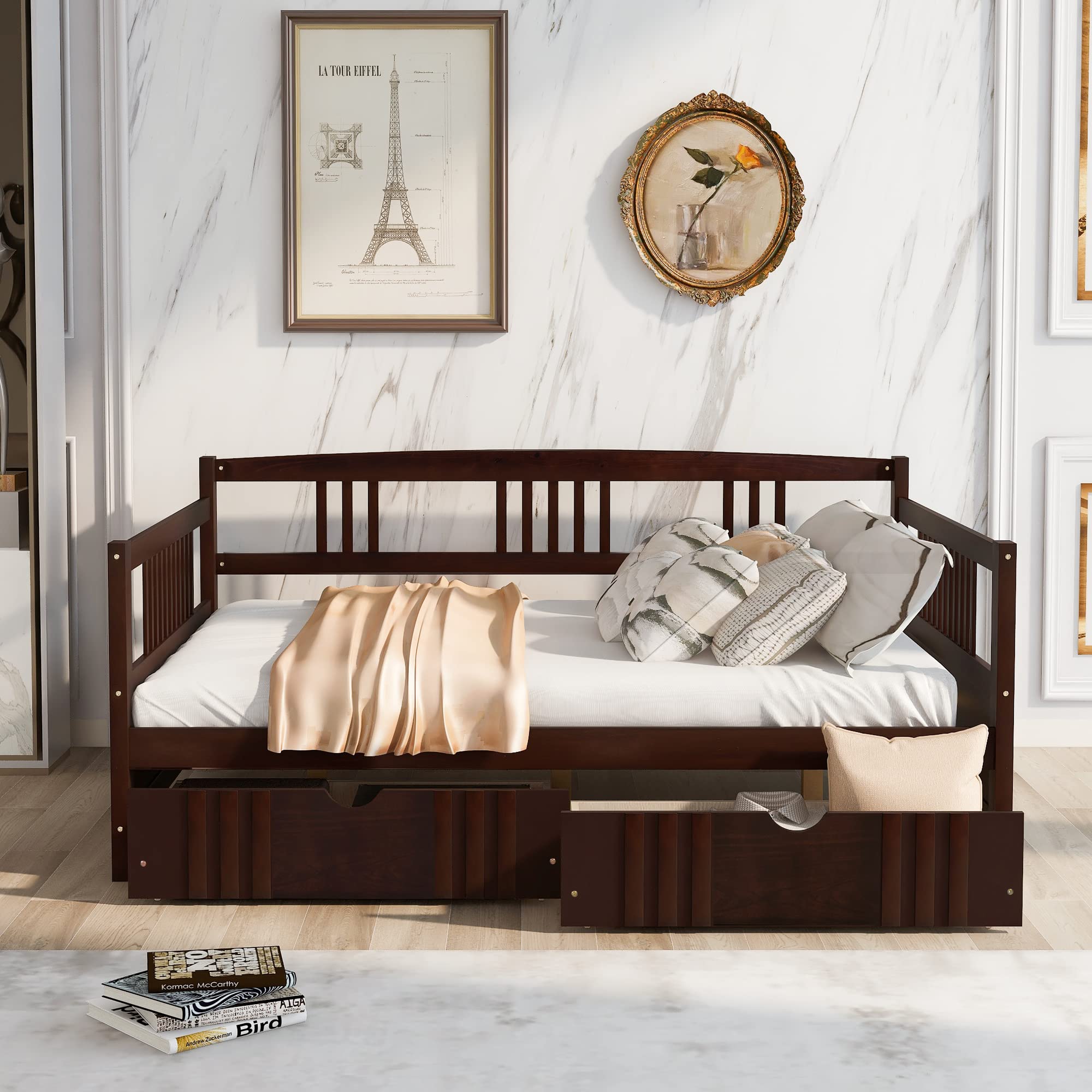 Harper & Bright Designs Full Size Daybed with Storage Drawers - Convertible Sofa Bed Frame, No Box Spring Needed, Brown - Perfect for Guest Rooms, Small Apartments & Multi-Functional Spaces
