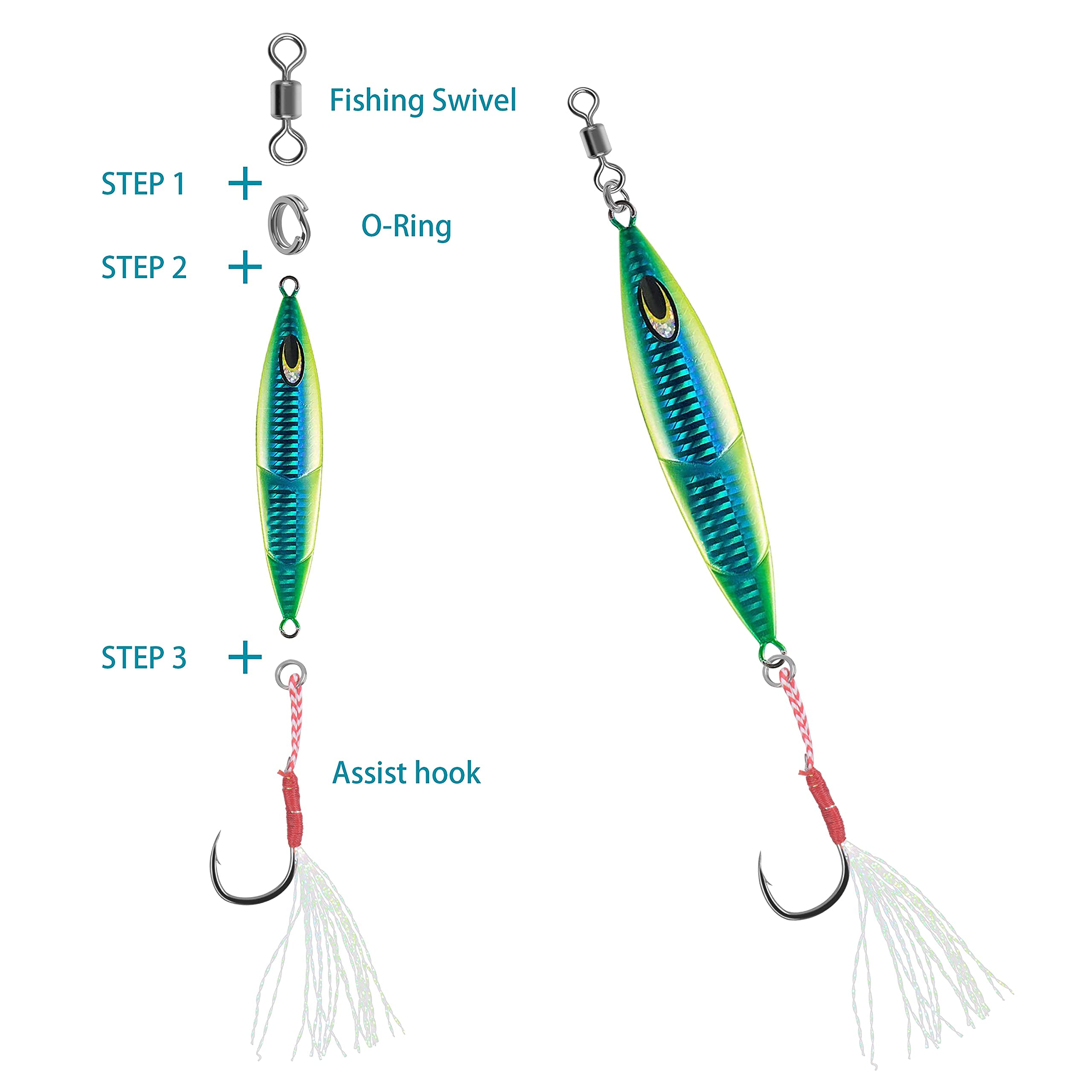 AGOOL Jigging Assist Hooks with Bucktail Teaser Kit - 100pcs Saltwater Fishing Hooks with Crystal Flash for Slow Pitch & Vertical Jigging - Perfect for Deep Sea Fishing, Tuna, Grouper, and Saltwater Game Fish