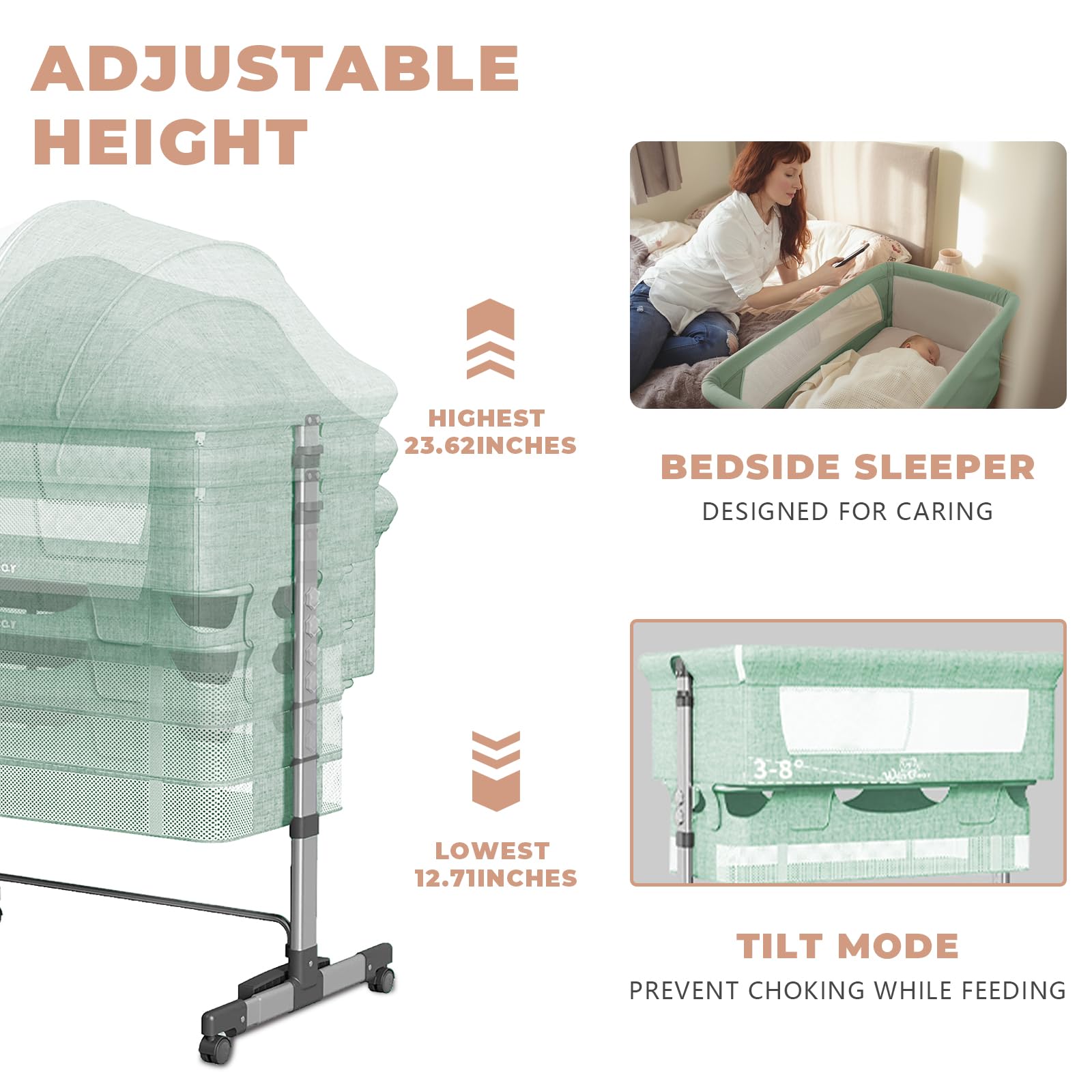 Portable Baby Bassinet with Adjustable Height & Breathable Mesh - Removable Canopy, Compact Design for Nursery & Travel - ASTM Certified for Newborn to Toddler (Green) - Perfect for Home, Daycare & Family Trips