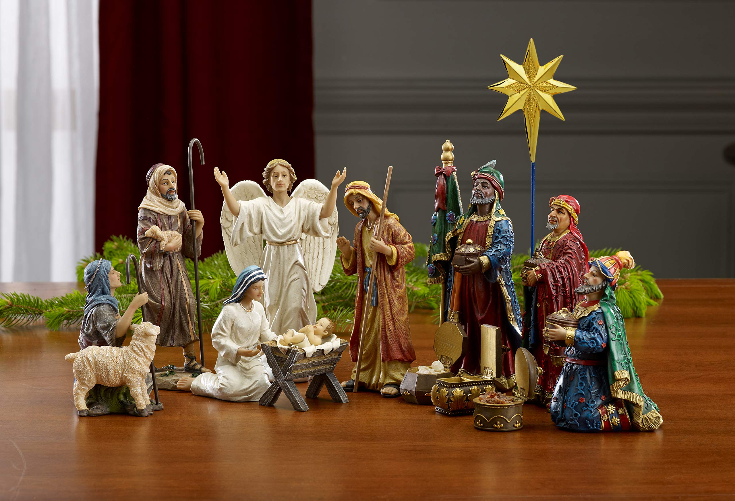 Three Kings Gifts Nativity Scene Set - 11-Piece Magi, Wise Men, Christmas Star, Angel, Shepherds & Holy Family Figures with Real Gold Trunk - Perfect for 7-Inch Scale Christmas Decorations & Holiday Displays