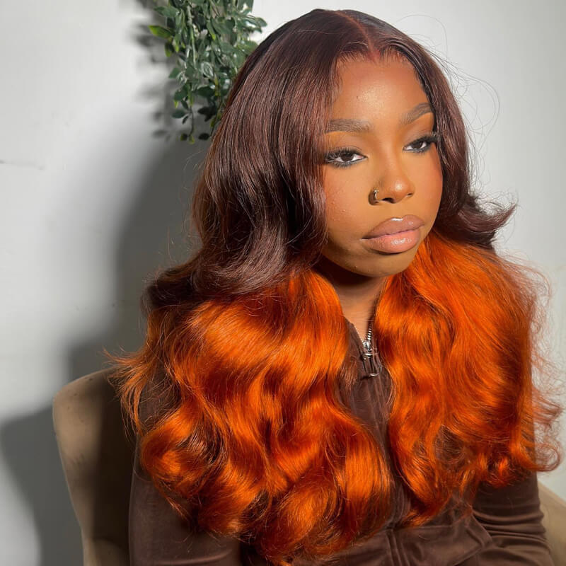 Eullair Ombre Brown Ginger Orange Body Wave Human Hair Wig with Transparent Lace Frontal - Natural Looking Wigs for Women | Perfect for Daily Wear, Cosplay & Special Occasions