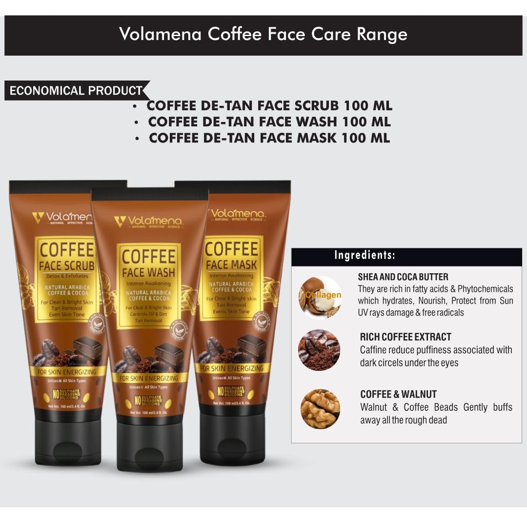 Volamena Natural Arabica Coffee & Cocoa Face Wash - Energizing Skin Cleanser 100ml for Glowing Skin - Perfect for Morning Routine & Revitalizing Tired Skin