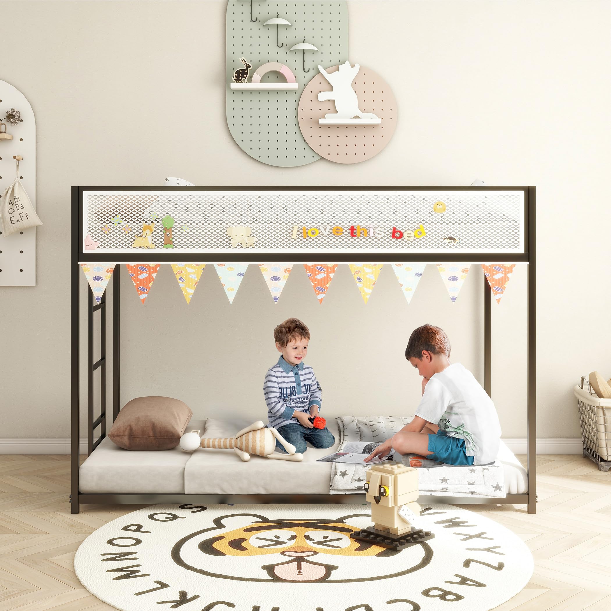 LifeSky Twin Over Twin Metal Bunk Bed for Kids - Space Saving Low Profile Bunk Bed with Ladder for Boys & Girls Aged 6-12 - Perfect for Small Bedrooms, Shared Rooms & Kids' Sleepovers